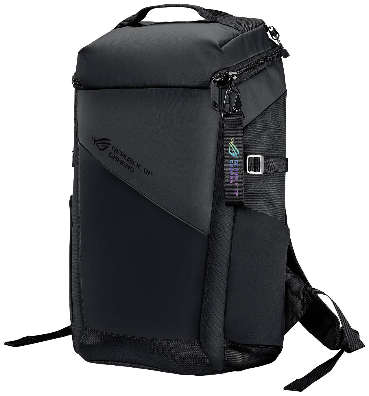 Ein schwarzer Laptop-Rucksack mit modernem Design und mehreren Fächern, ideal für Technologie-Enthusiasten und Pendler.