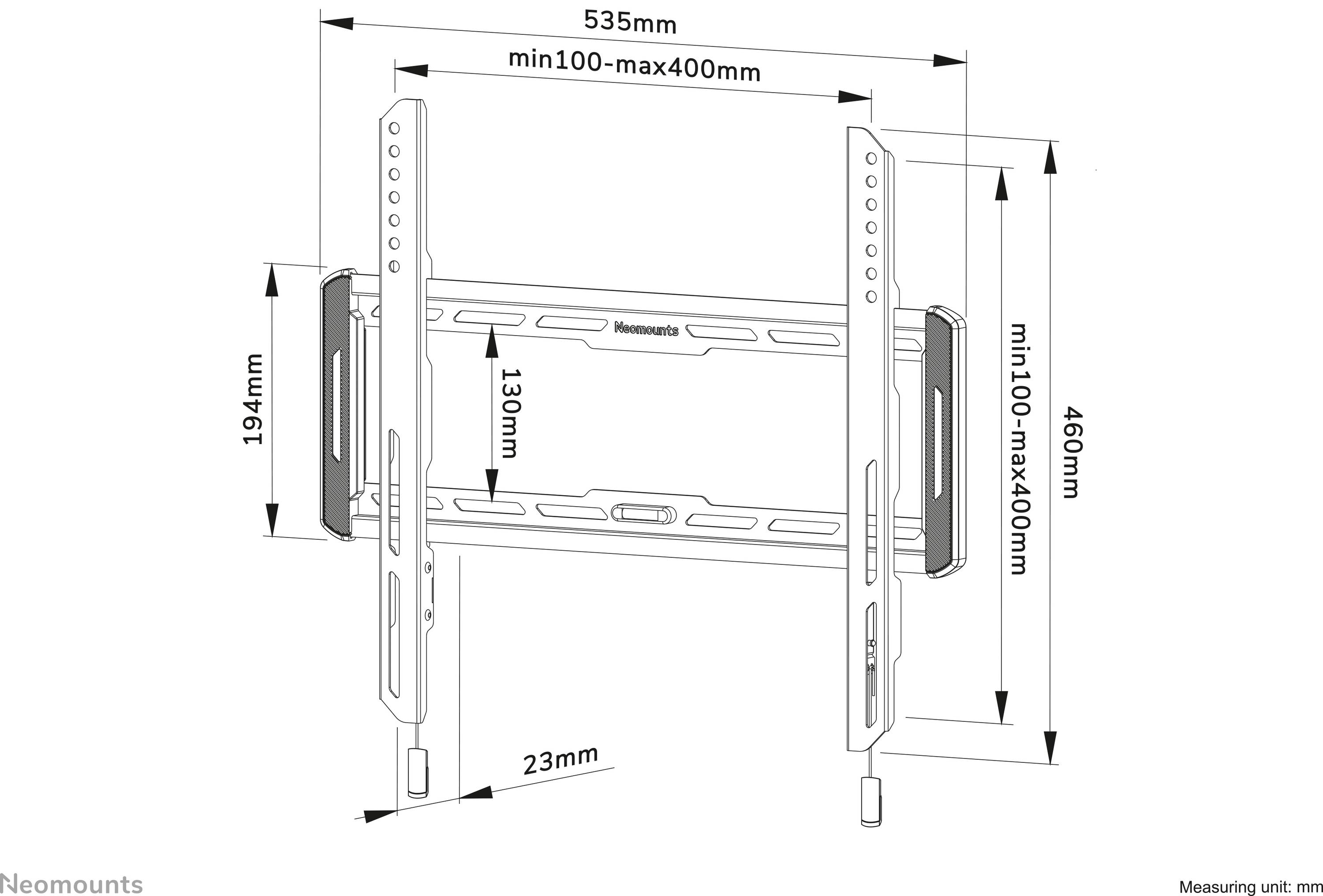 Diagramm einer TV-Wandhalterung mit Abmessungen: Breite 535mm, Höhe 460mm, einstellbare Tiefe 23mm, VESA-Maße min100-max400mm.