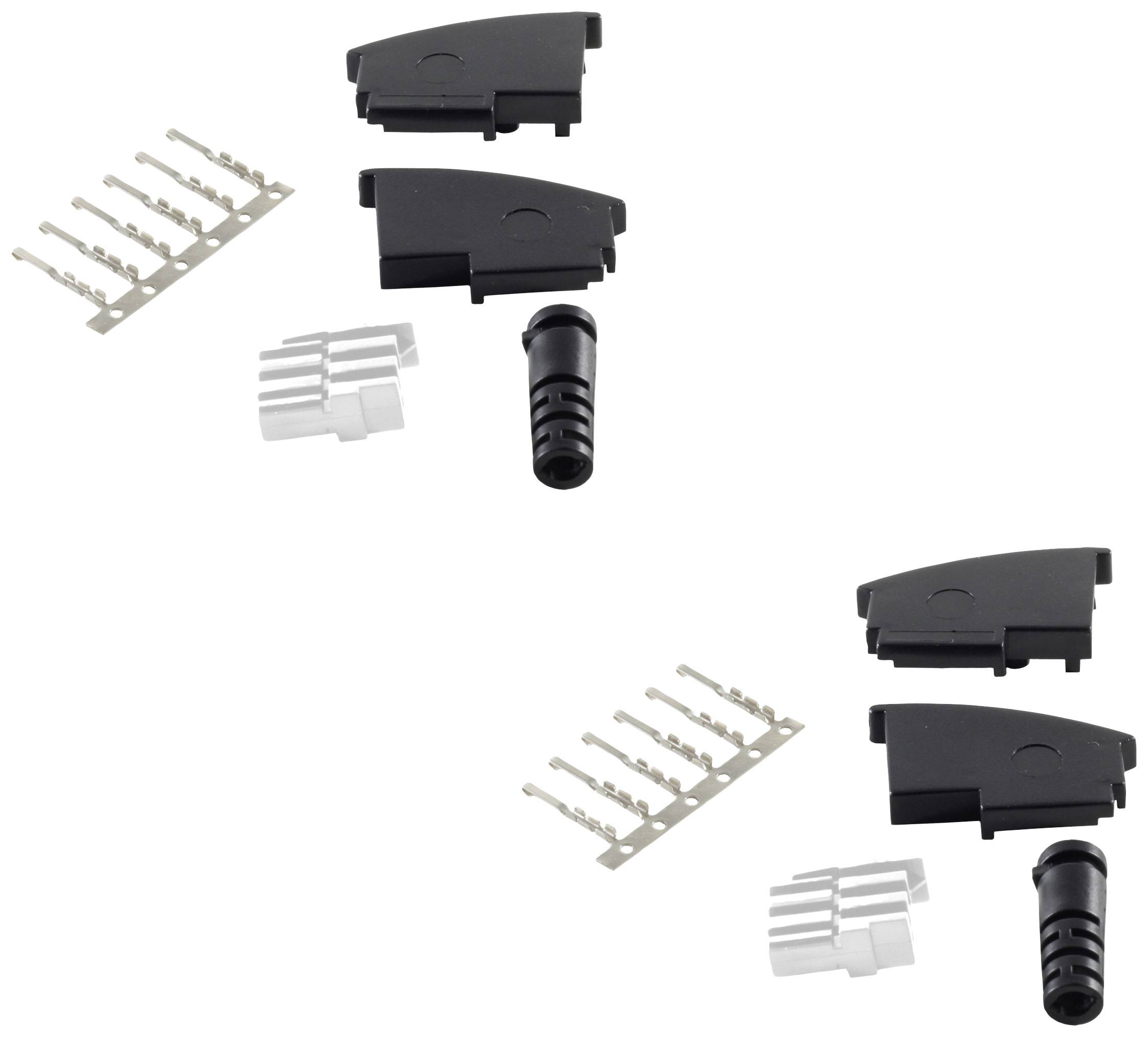 Zwei Sätze schwarzer Kunststoffgehäuse, mit je fünf Metallkontakten, weißen Klemmen und einer schwarzen Kabeldurchführung.