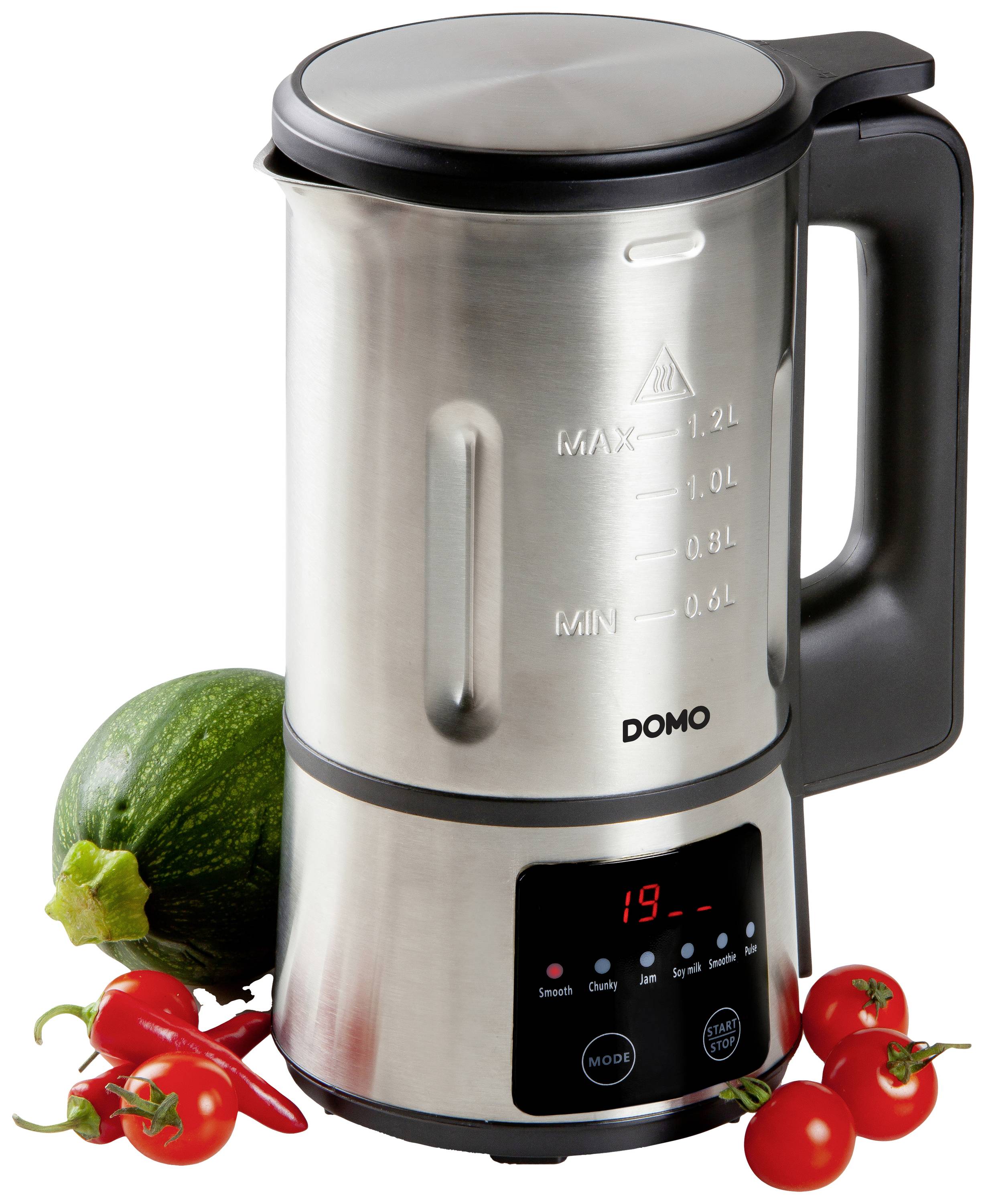 Edelstahl-Suppekocher mit digitalem Display, umgeben von frischen Tomaten und einer Zucchini. Maximalfüllstand: 1,2 Liter.