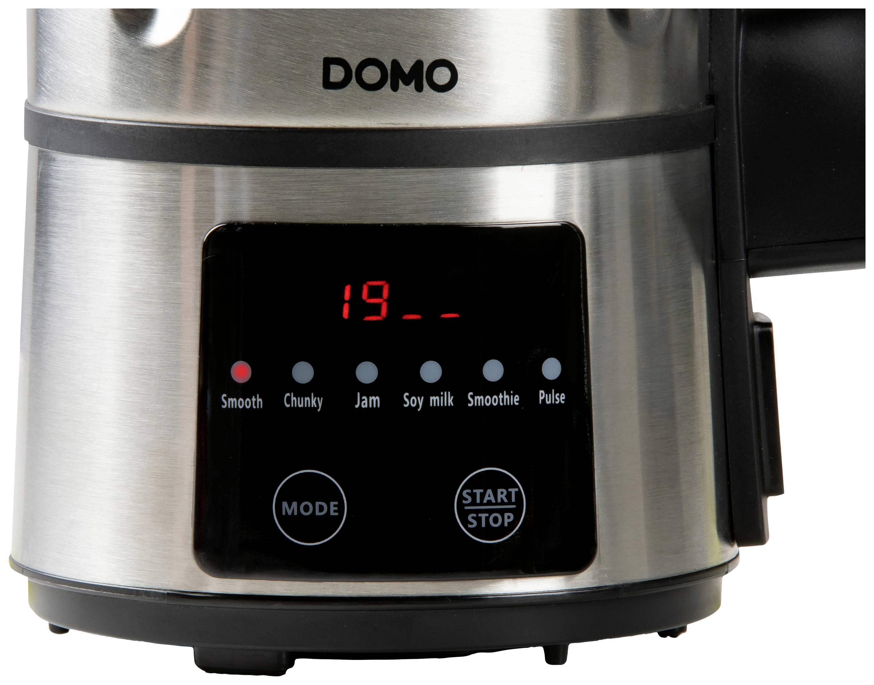 Silberner Küchenmixer mit digitaler Anzeige, die '19' zeigt. Darunter Tasten für Modi wie 'Smooth', 'Chunky', 'Jam', 'Soy milk', 'Smoothie', 'Pulse'.