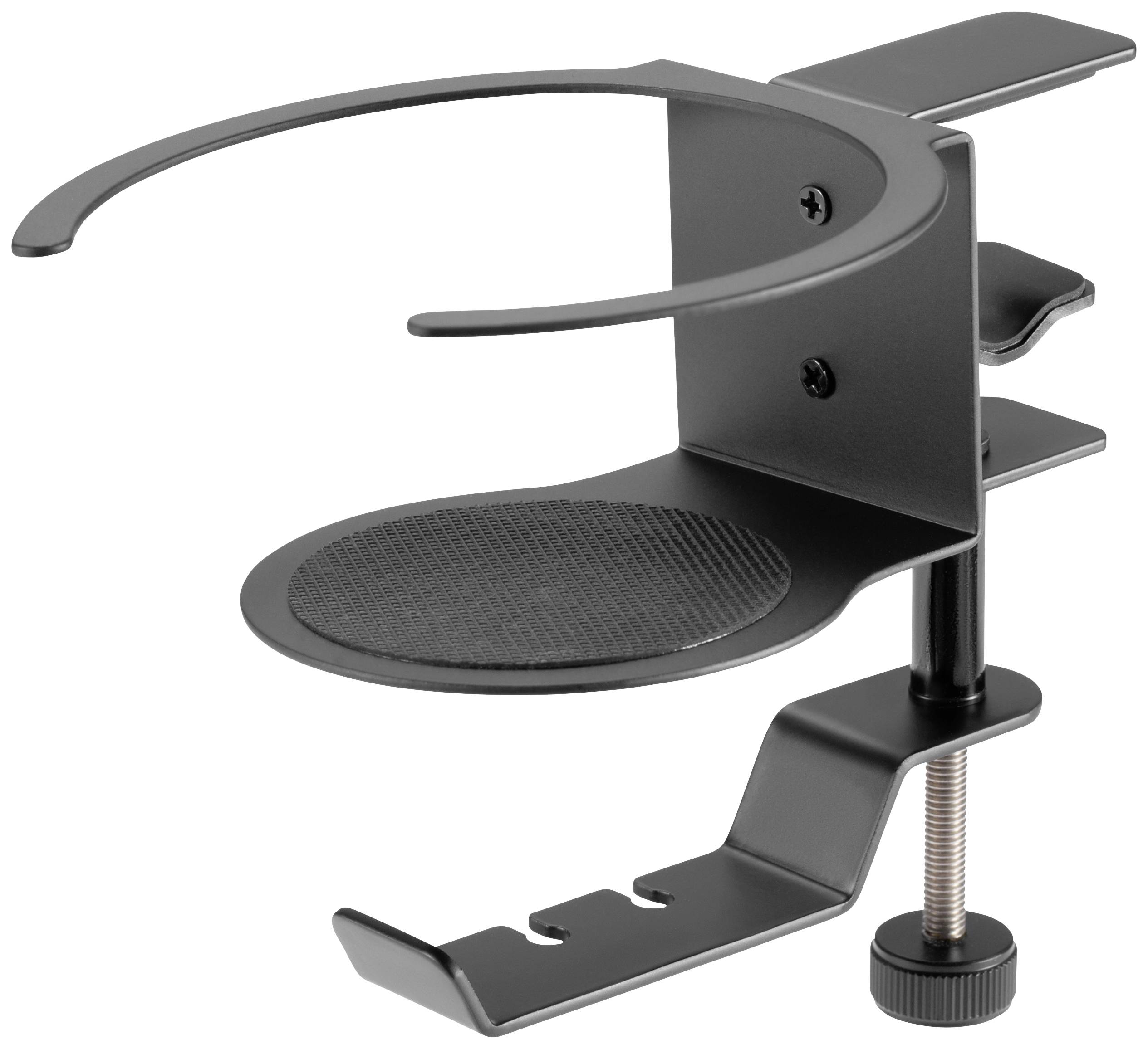 Getränkehalterung aus Metall mit Schraubklemme zur Befestigung an Tischen, mit runder Halterung oben für Becher oder Flaschen.