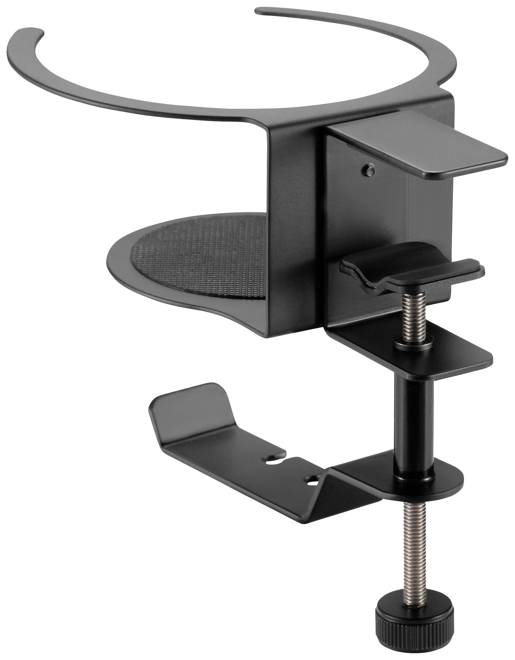 Schwarzer, am Tisch befestigter Getränkehalter mit runder Öffnung und Klemme zur Anbringung an Tischrändern, geeignet für Büros.