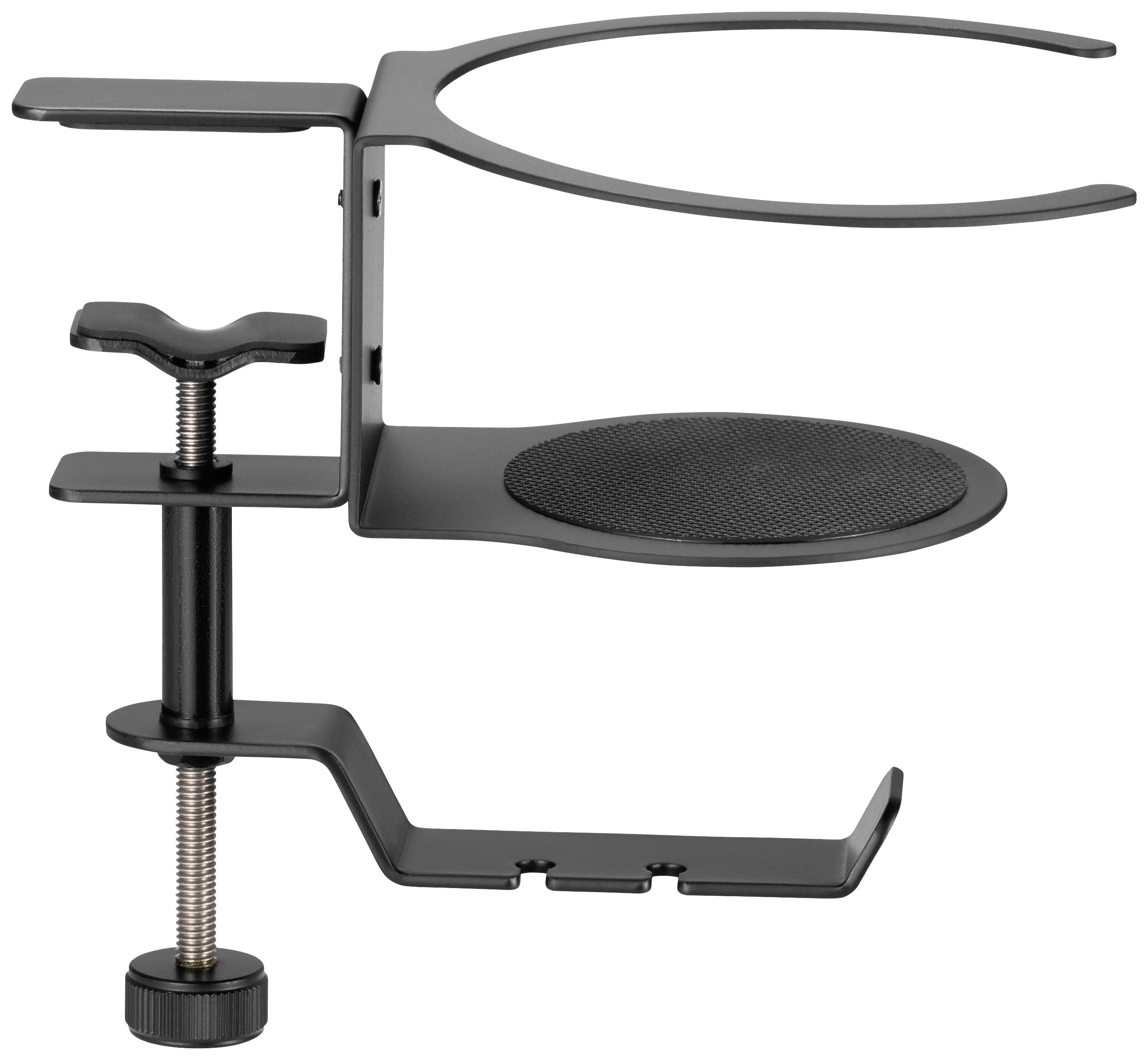 Mikrofon-Popfilter, der an Tischkante befestigt wird. Stabile Halterung mit Schaumstoff-Sieb zur Reduzierung von Plosivlauten bei Aufnahmen.