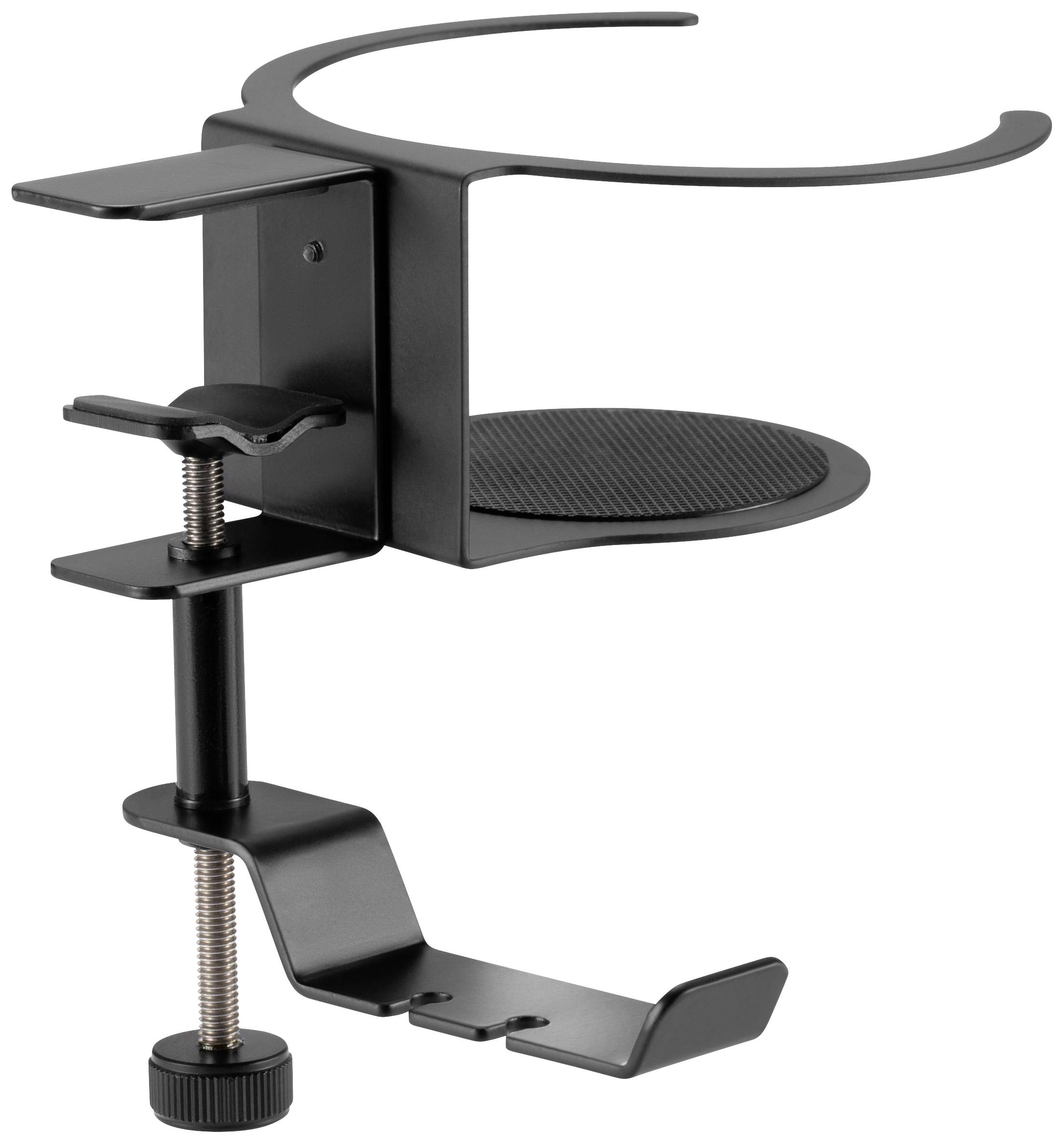 Ein schwarzer, verstellbarer Tischhalter für Kopfhörer und Getränke. Befestigung mit Schraubklemme an Tischkante.