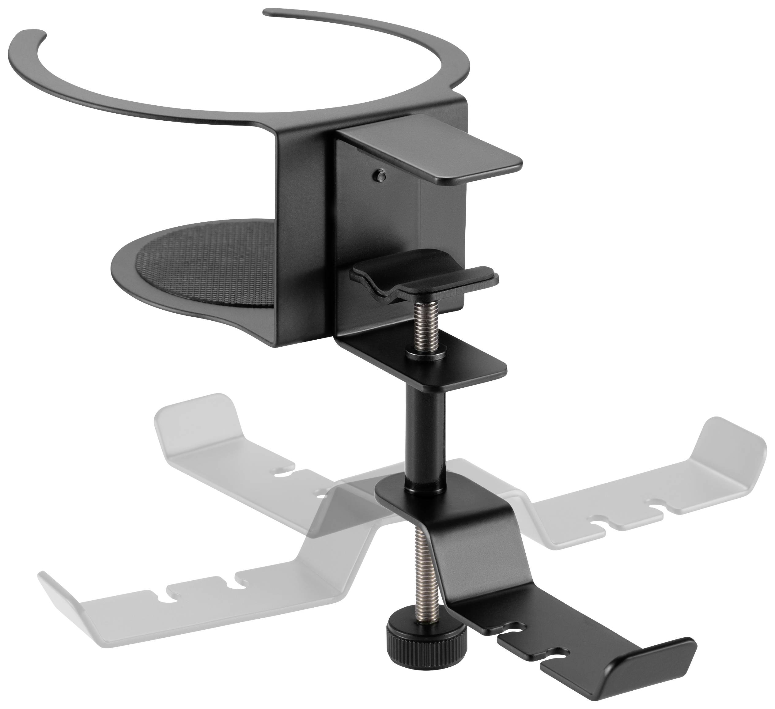 Ein schwarzer Getränkehalter, der an einem Tisch befestigt werden kann. Verstellbar mit Schraubmechanismus. Geeignet für verschiedene Behältergrößen.