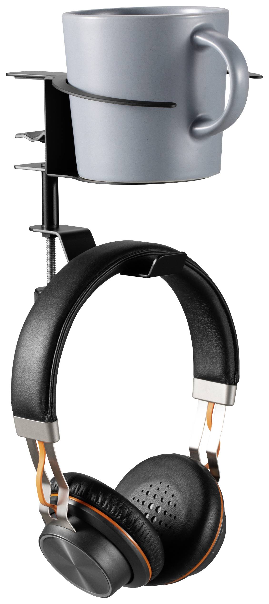 Tassen- und Kopfhörerhalter an einer Tischkante befestigt. Oben eine graue Tasse, unten ein schwarz-oranges Headset. Organisatorisches Zubehör für den Schreibtisch.