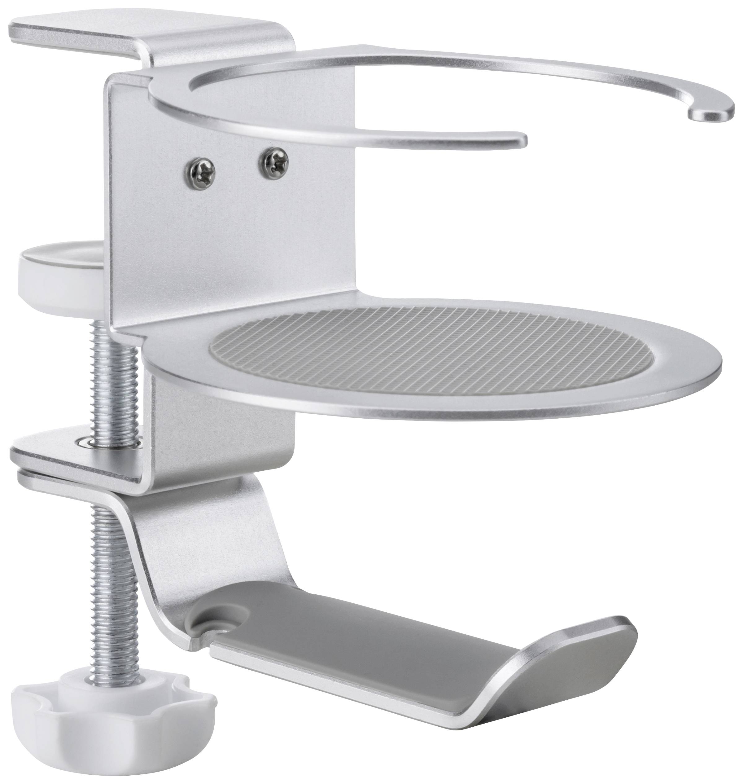 SpeaKa Professional SP-HCH-150 Kopfhörerhalterung integrierte Kabelführung, mit Getränkehalter Silber