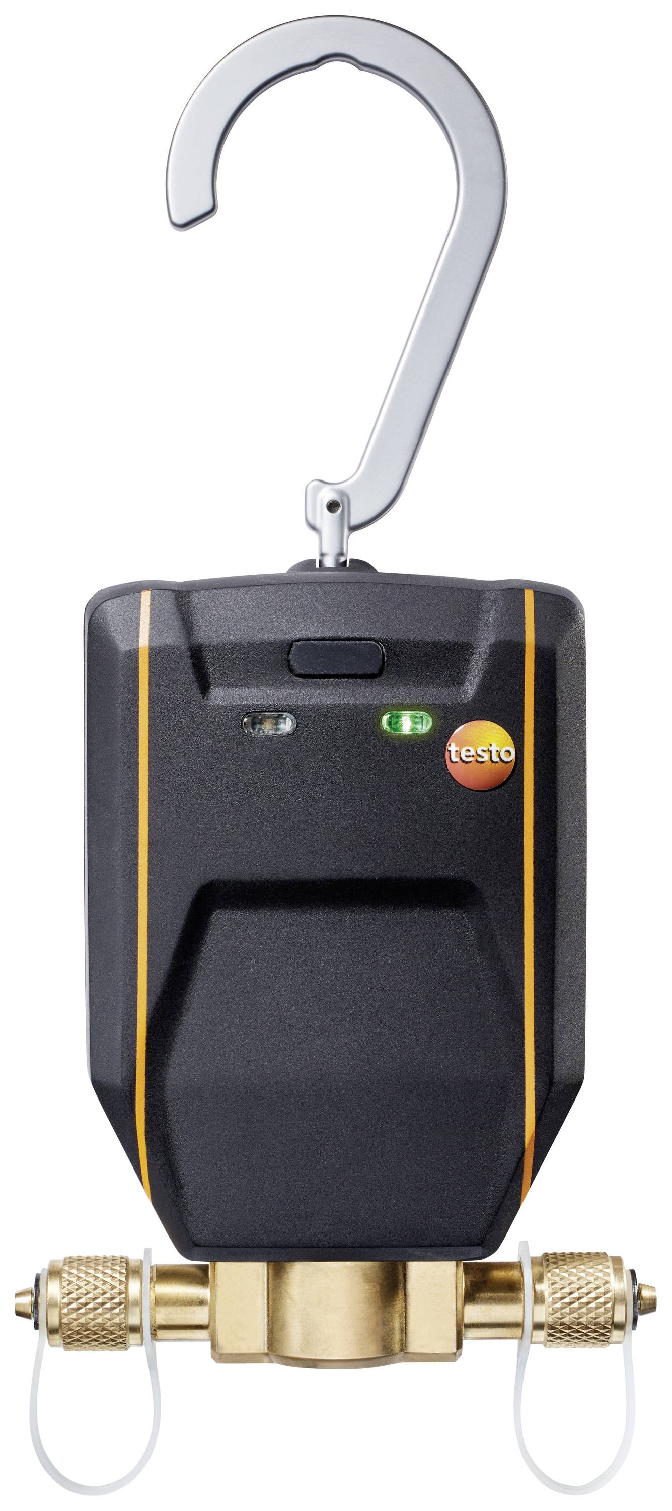 Digitales Messgerät mit Haken zum Aufhängen, schwarz-orange Gehäuse mit Messungen gelber und grüner LED-Anzeige, und zwei Anschlüssen.