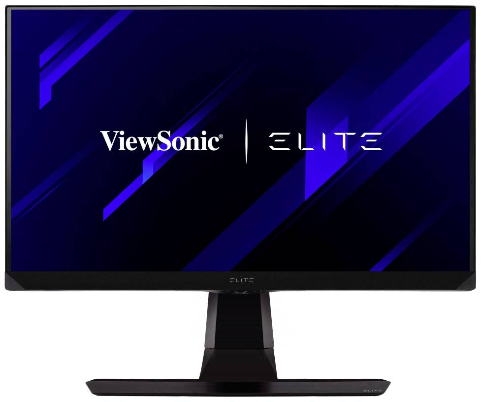 Ein Computermonitor der Marke 'ViewSonic ELITE', zeigt einen Bildschirm mit blau-schwarzem Muster.