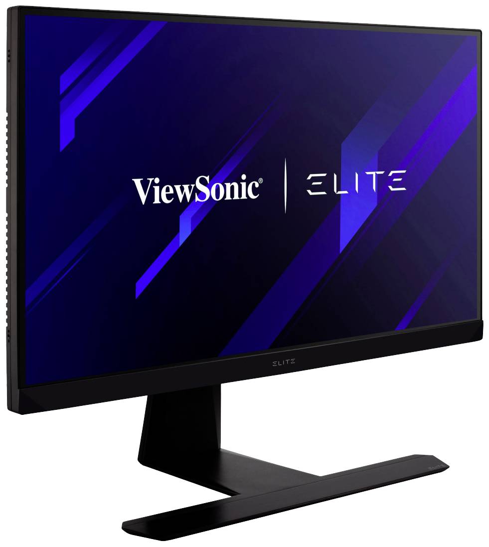 Ein Computerbildschirm von ViewSonic der Reihe Elite mit einem schwarzen Standfuß und einem dunklen Hintergrund mit blauen Akzenten.