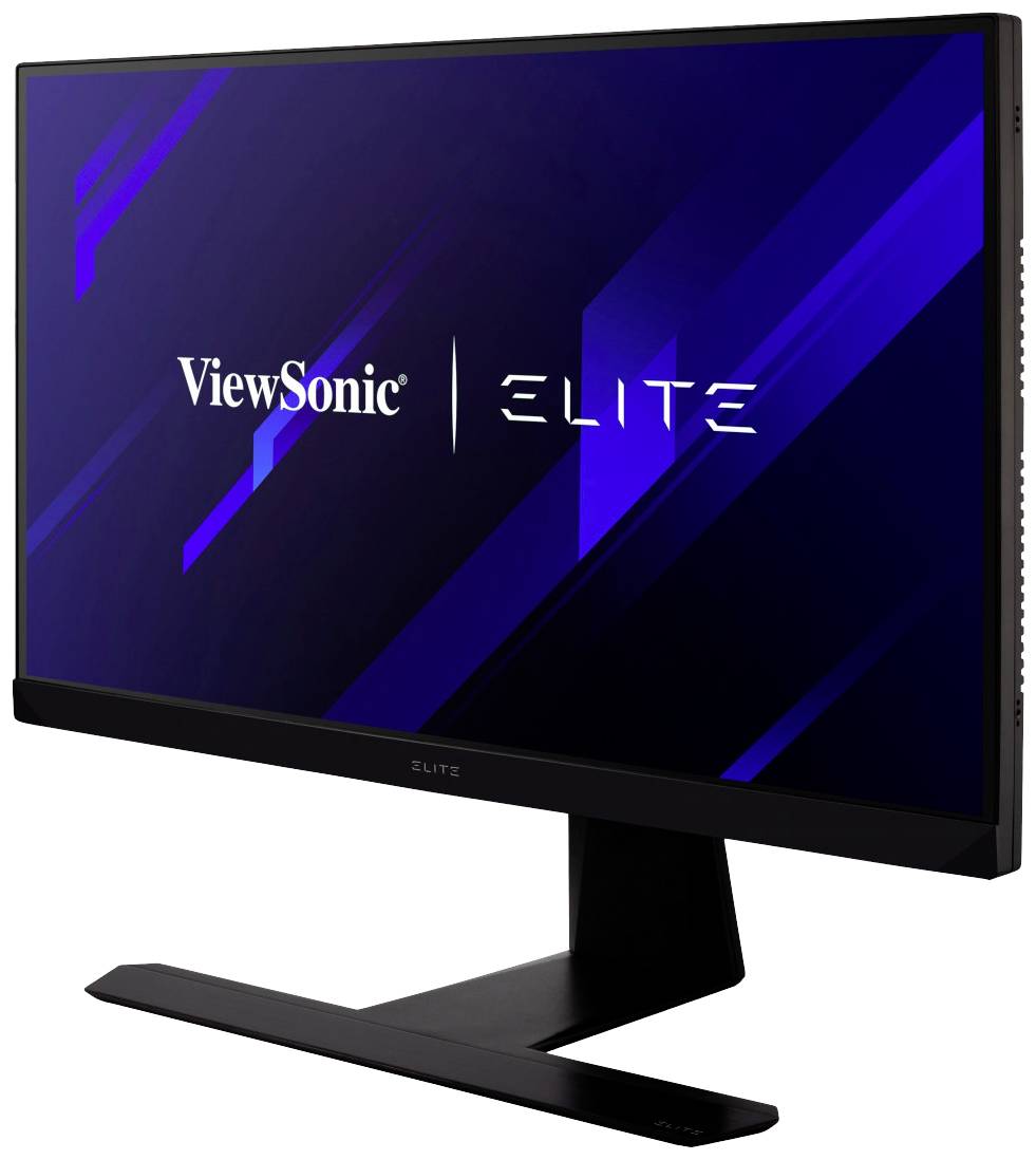 'ViewSonic Elite Monitor' in Seitenansicht mit blauem Hintergrund auf Bildschirm, betont modernes Design und schlanken Fuß.