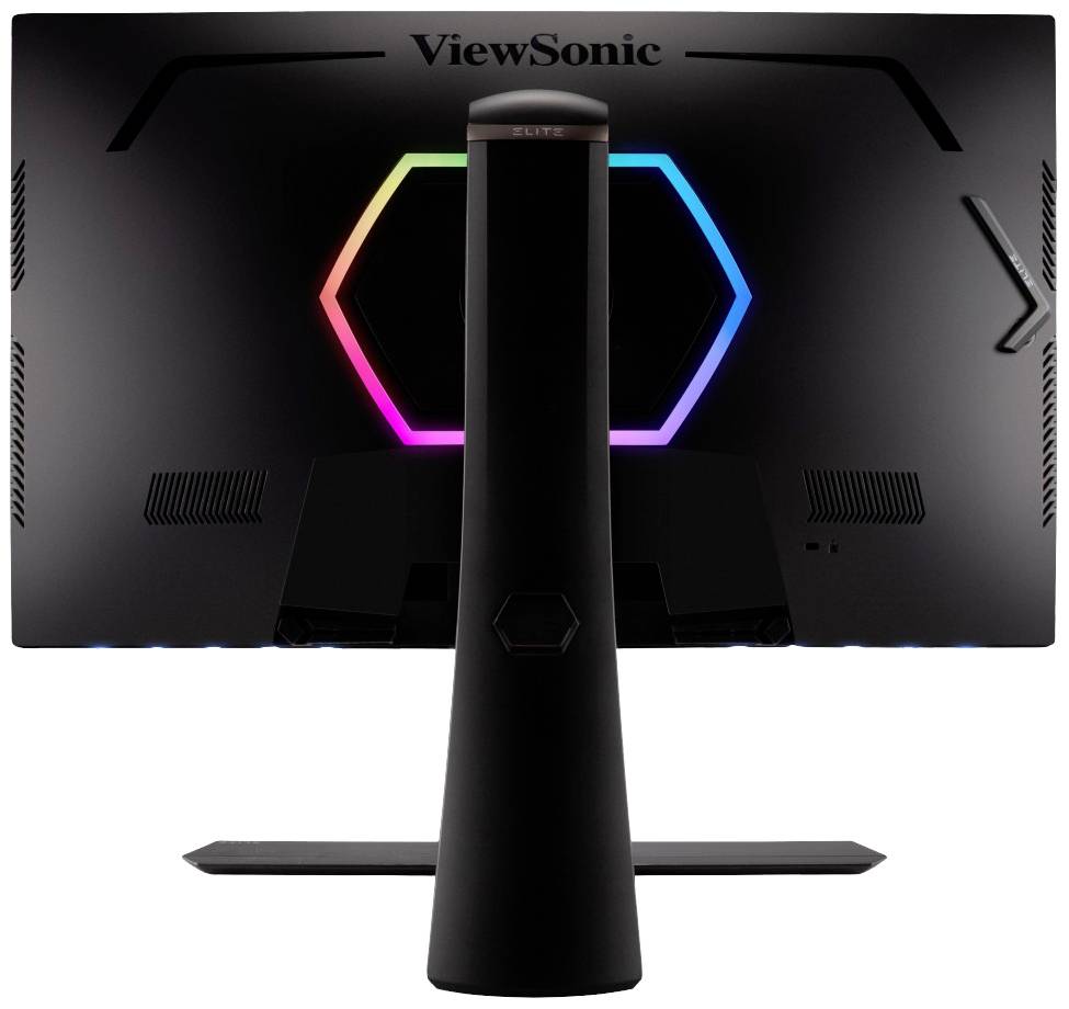 Rückseite eines schwarzen ViewSonic Monitors mit sechseckigem LED-Licht in Regenbogenfarben.