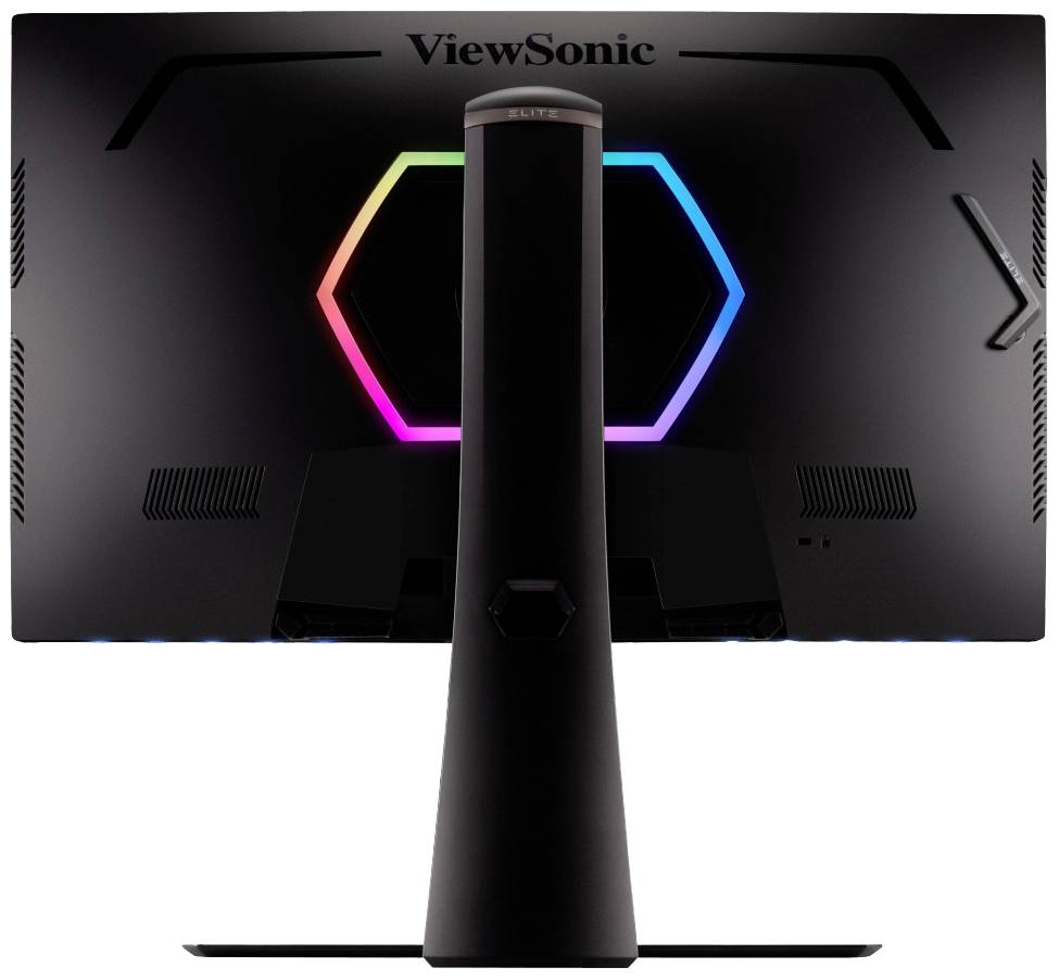 Ein Computerbildschirm von hinten, beleuchtet mit einem sechseckigen, bunten RGB-Licht auf der Rückseite.