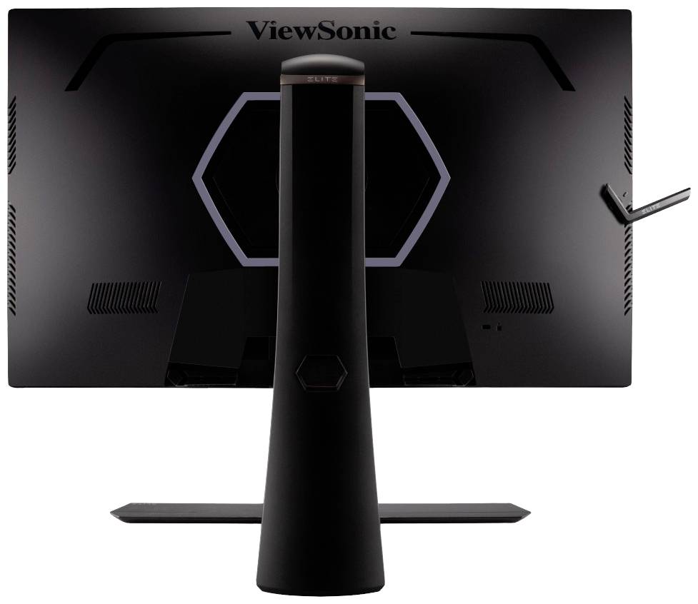 Rückansicht eines ViewSonic-Monitors mit ergonomischem Standfuß und sechseckigem Muster auf der Rückseite des Displays.