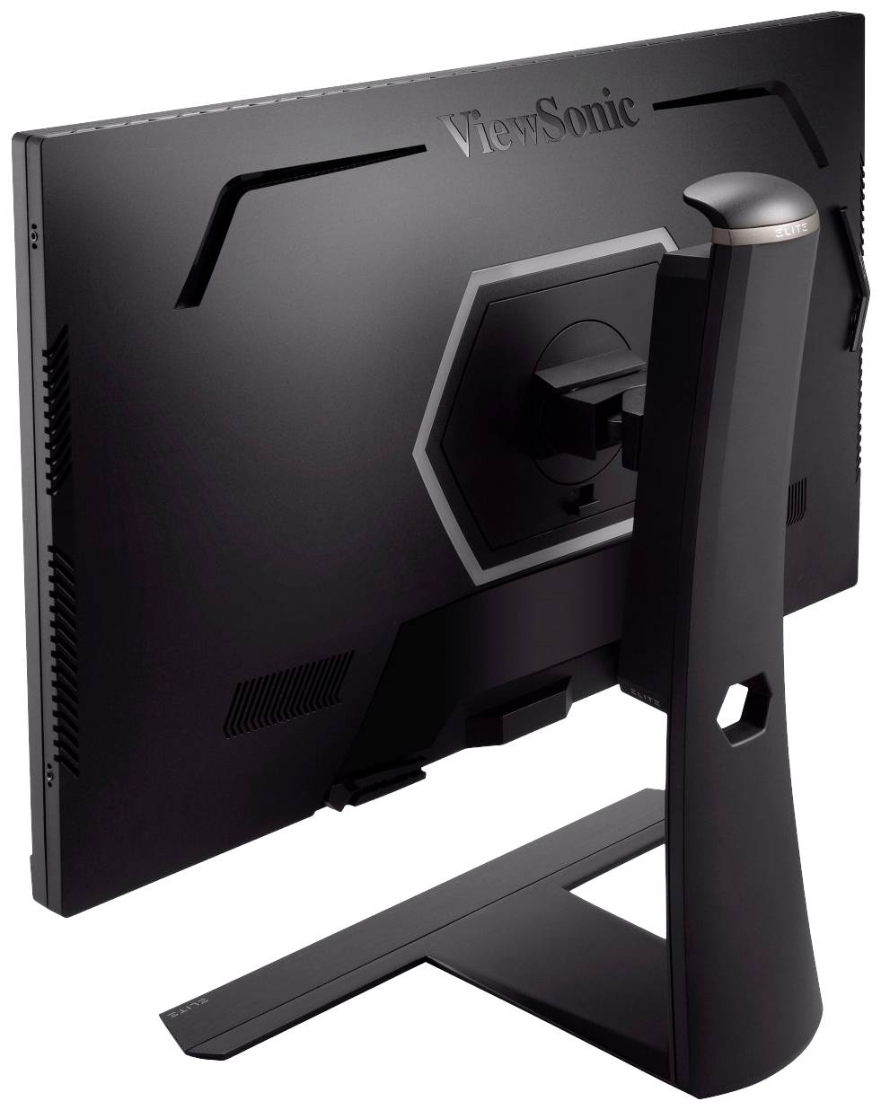 Ein schwarzer ViewSonic-Monitor von hinten betrachtet, zeigt das schlanke Design mit einem robusten Standfuß.