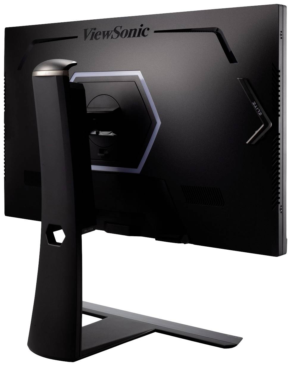 Rückansicht eines ViewSonic Computermonitors mit modernem, ergonomischem Standfuß und Sechseck-Muster auf der Rückseite.
