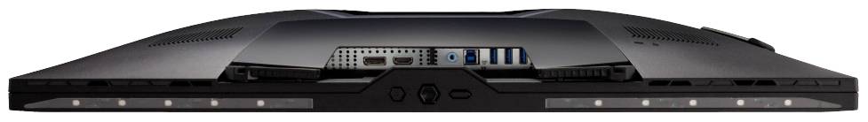 Rückansicht eines Monitors mit mehreren Anschlüssen, darunter HDMI, DisplayPort und USB-Anschlüsse, betont Konnektivität.