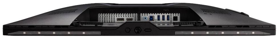 Rückansicht eines Computer-Monitors mit mehreren Anschlüssen, darunter HDMI, USB und DisplayPort, eingebettet in einem schlanken Gehäuse.