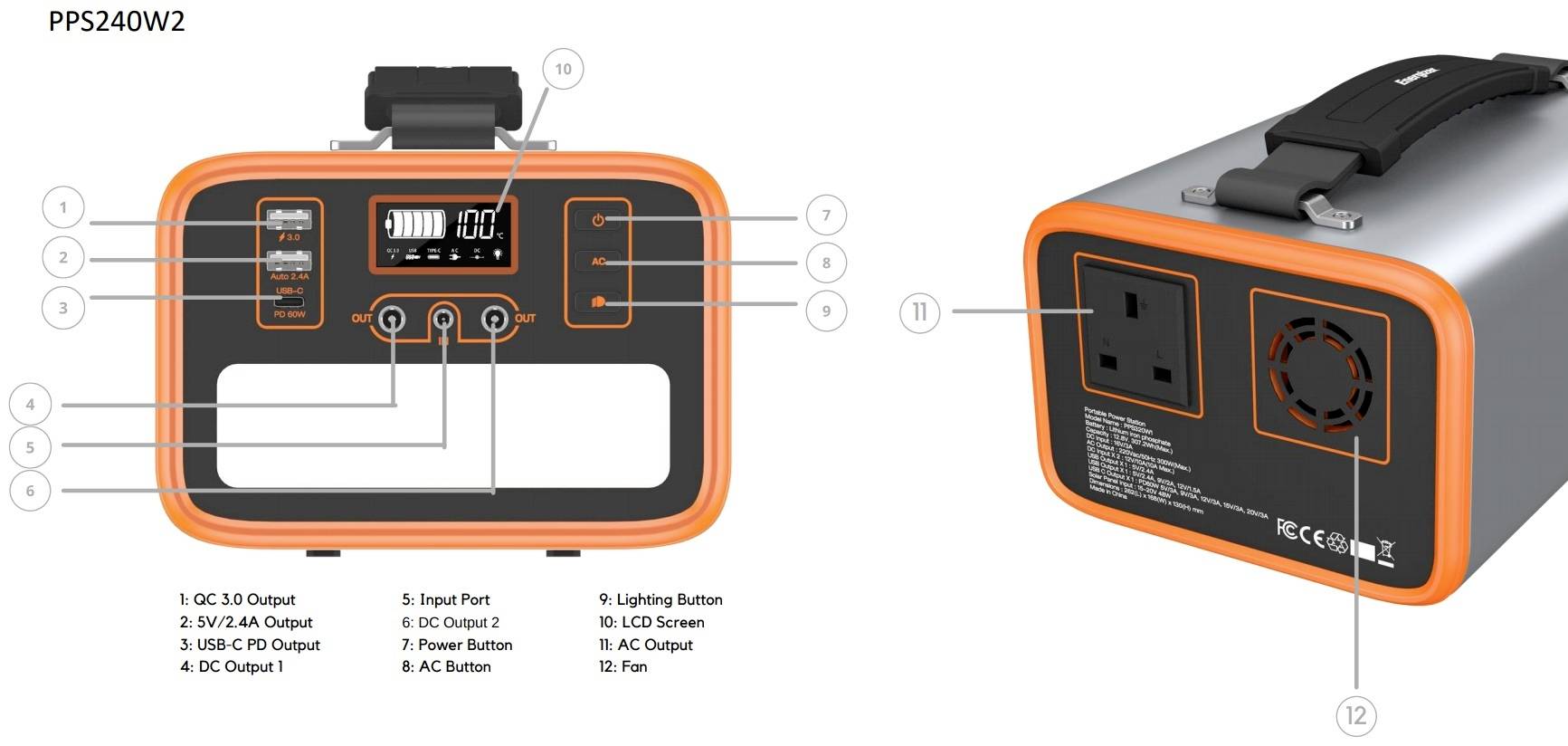 Energizer PPS240W2 Powerstation 72Ah LiFePO 4 Schwarz/Orange