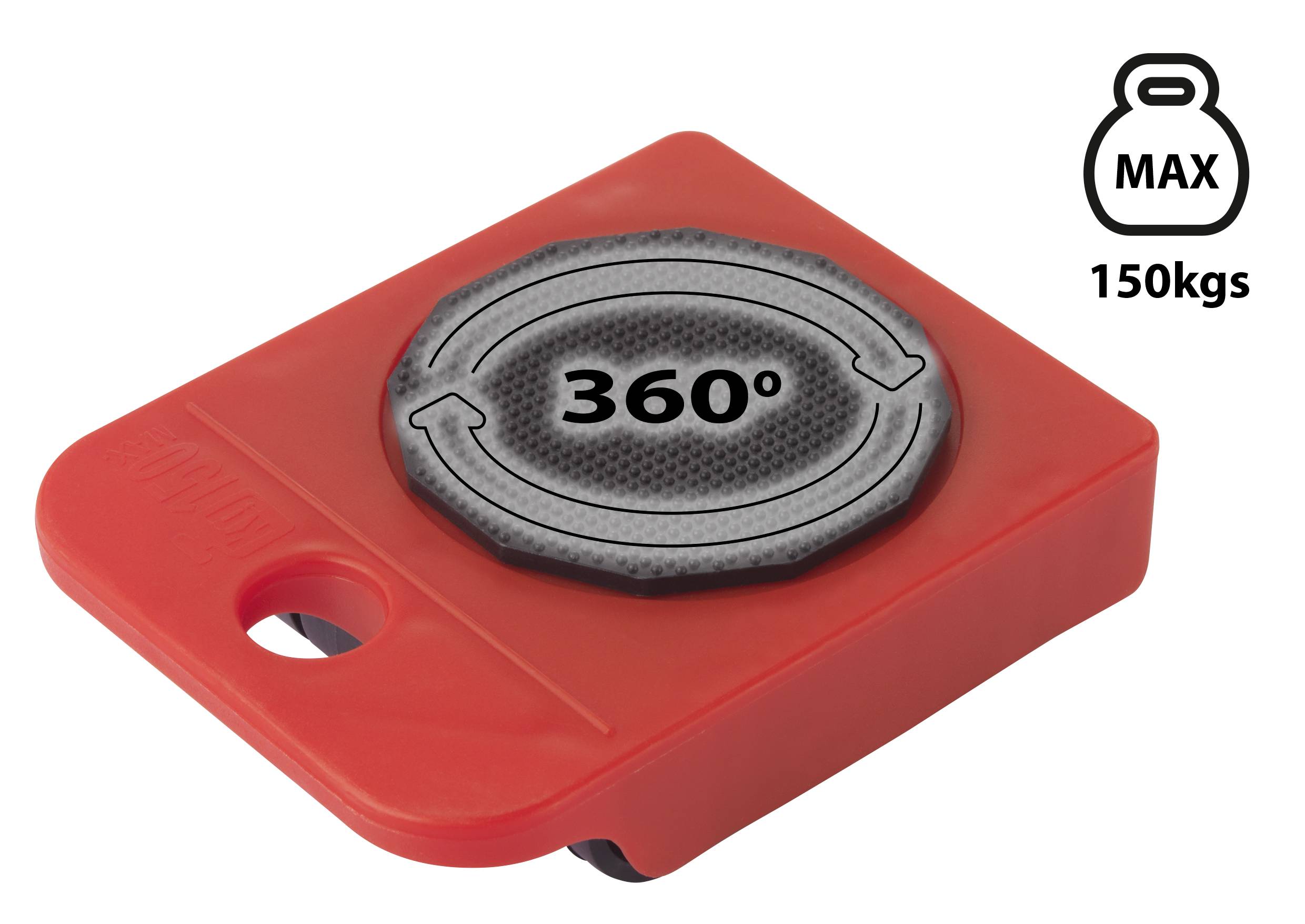Roter Möbelgleiter mit 360-Grad-Drehfläche, geeignet für bis zu maximal 150 Kilogramm Belastung.