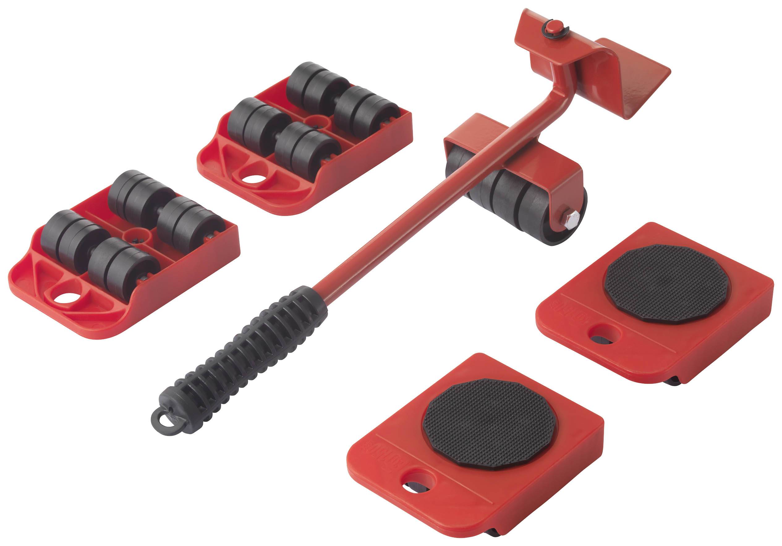 Rotes Möbeltransport-Set mit Hebelarm und vier rollenden Stützplattformen. Hilft beim Bewegen von schweren Gegenständen.