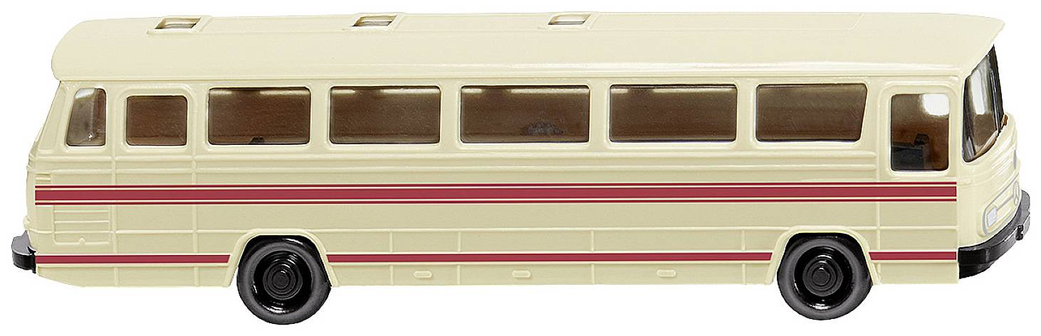 Ein cremeweißer Modellbus mit roten Streifen, im traditionellen Stil der 60er Jahre, seitlich fotografiert.