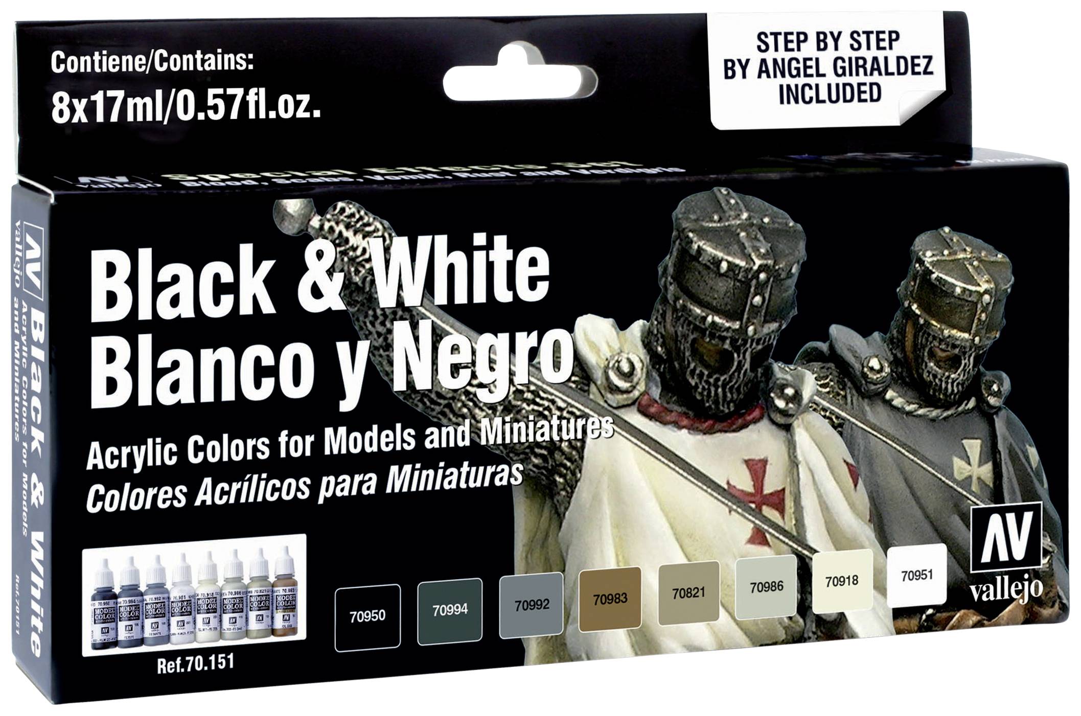 Verpackung mit zwei Rittern in Rüstung. Text: 'Black & White, Blanco y Negro', Malset für Modelle und Miniaturen, mit 8 Farben.