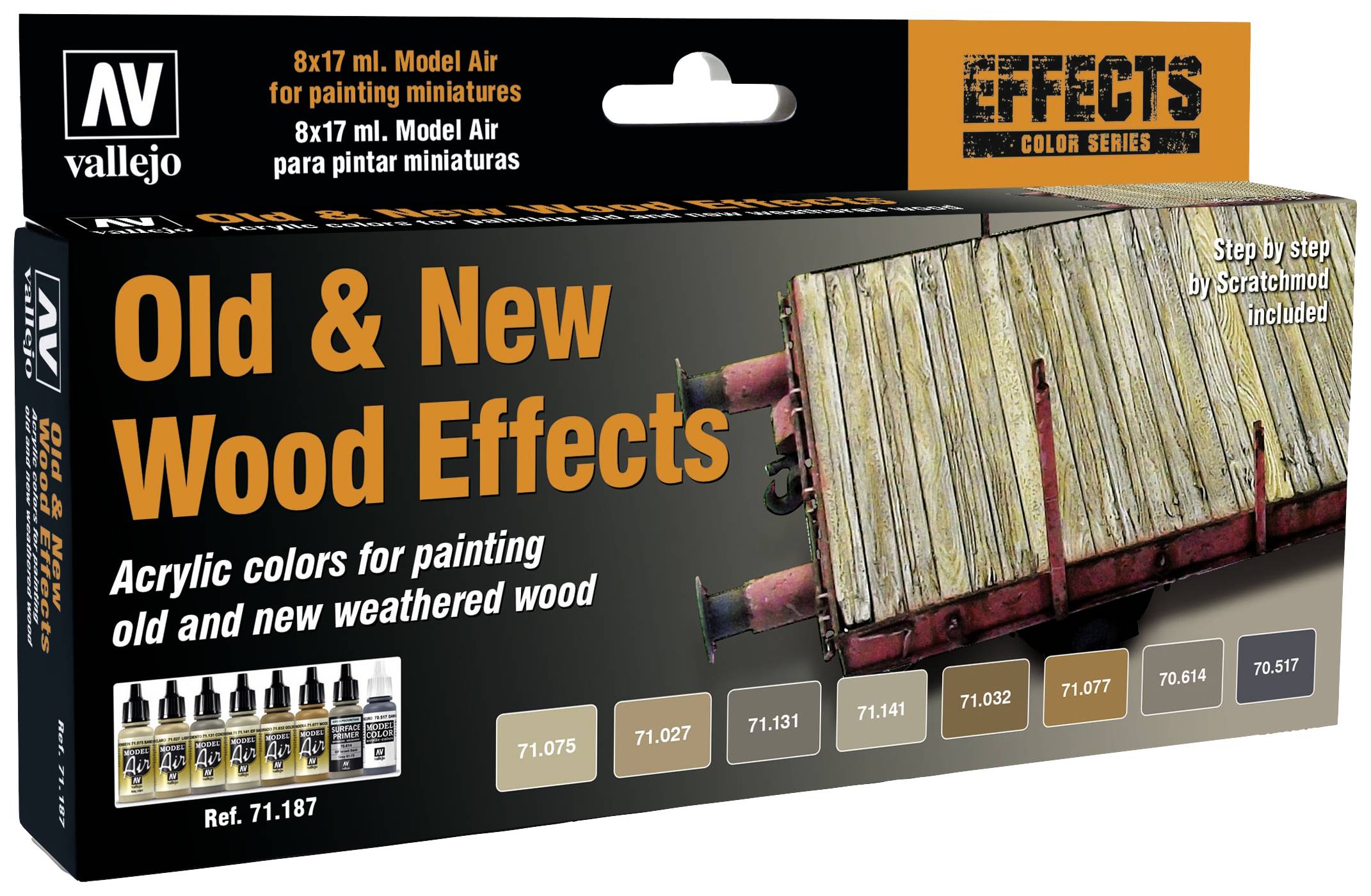 'Vallejo Effects Color Series' Verpackung zeigt Farben zur Darstellung alter und neuer Holzeffekte. Enthält 8 x 17 ml Farben.