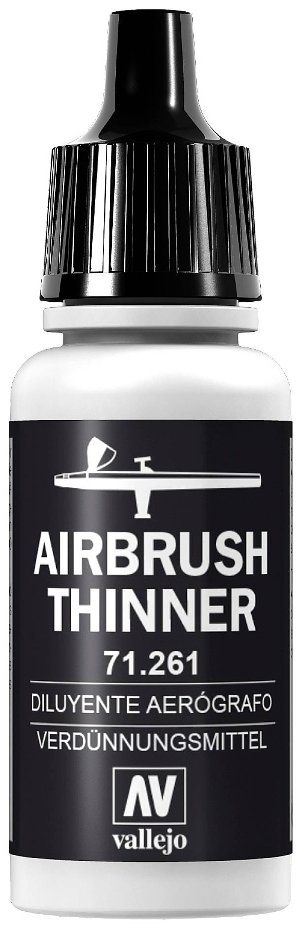 'Vallejo Airbrush Thinner 71.261' Flasche, weißes Etikett mit schwarzem Text und Piktogramm einer Airbrush. Verdünner für Airbrush-Farben.