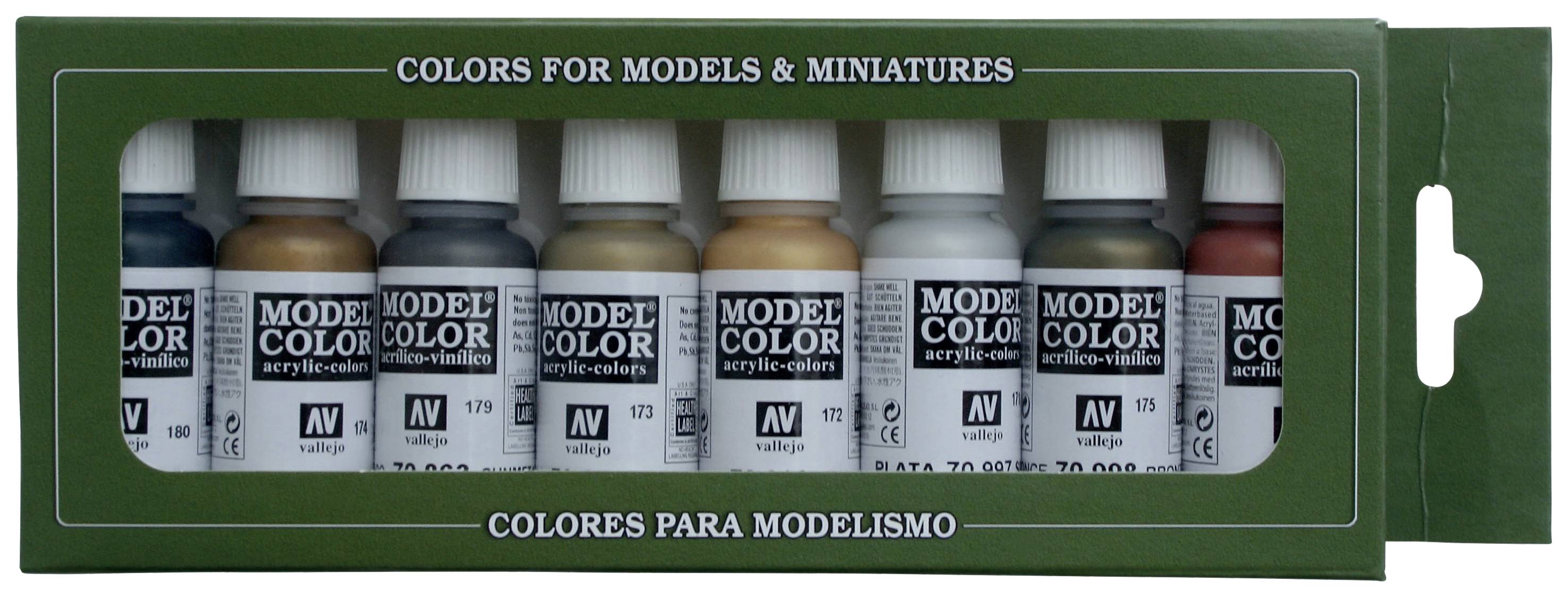 Eine Packung Modellfarben mit acht Flaschen in verschiedenen Farben, geeignet für Modelle und Miniaturen.