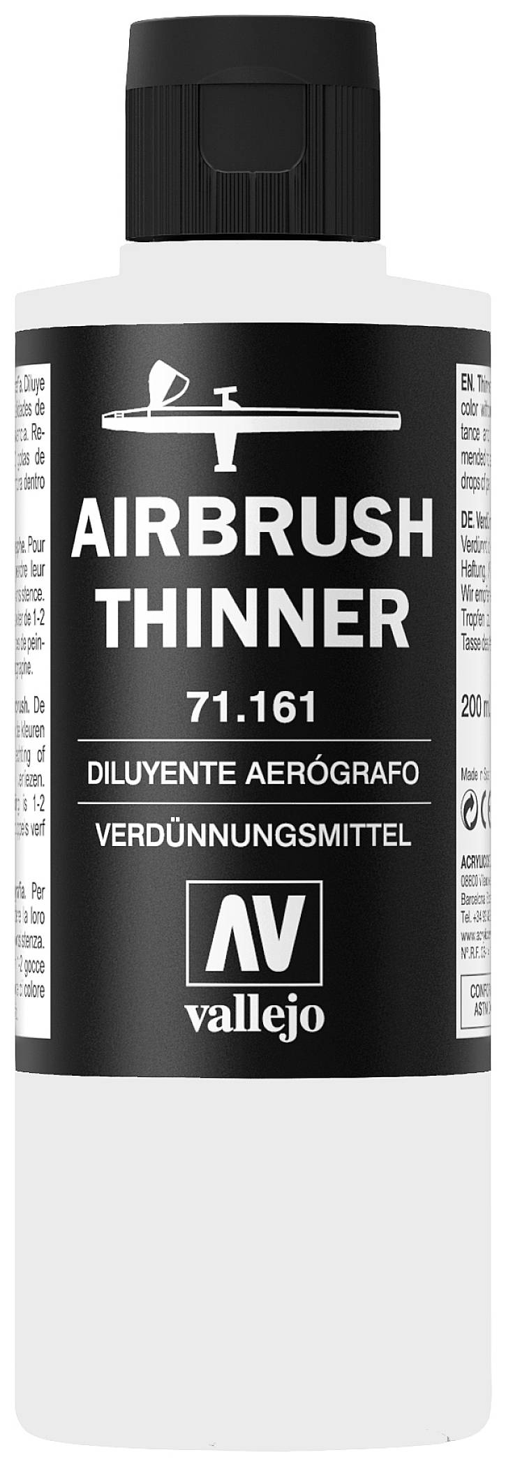 Flasche mit der Aufschrift 'Airbrush Thinner 71.161'. Beinhaltet Verdünnungsmittel für Airbrush-Anwendungen. Marke: Vallejo.