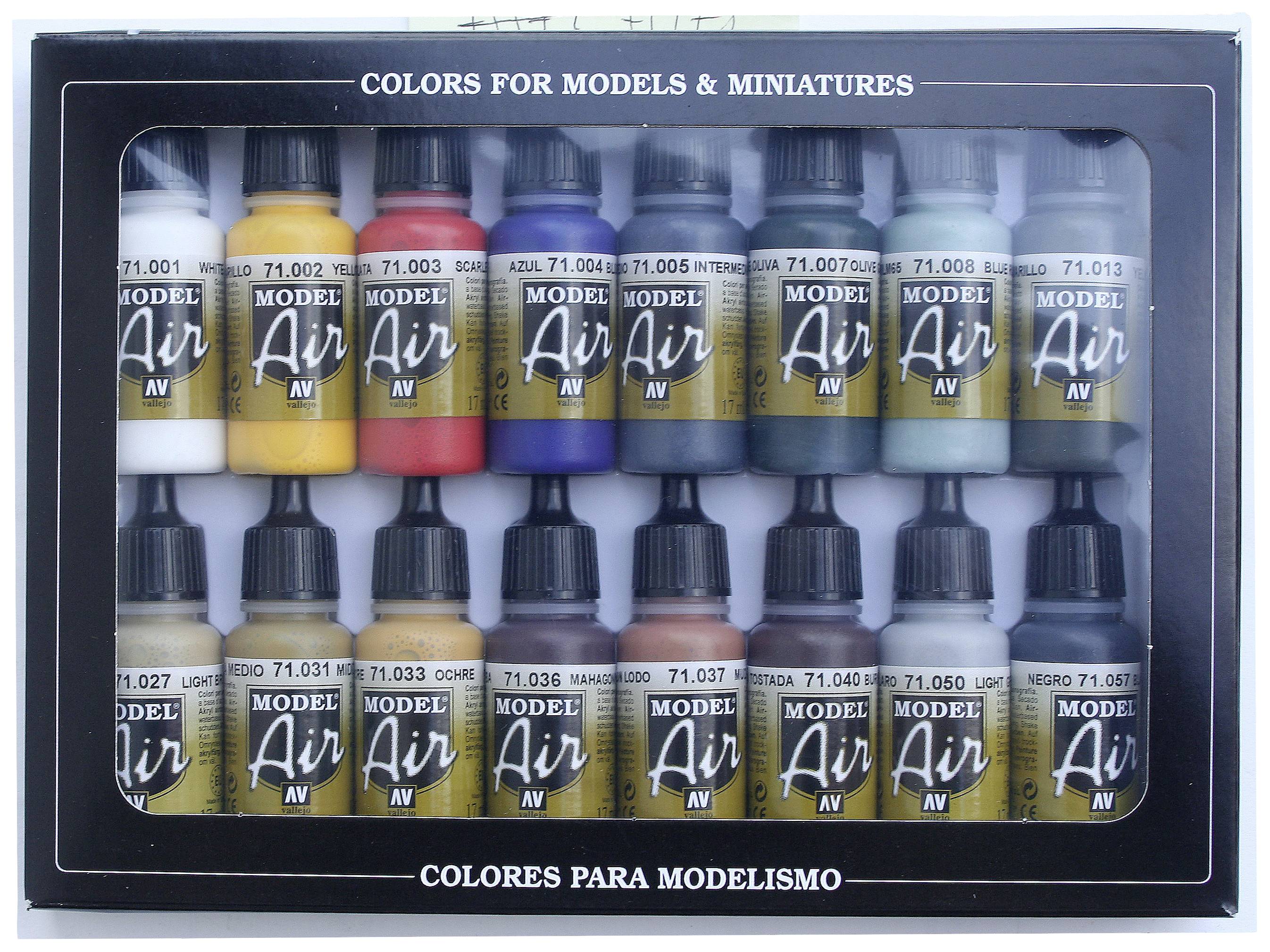 'Farbenset für Modelle und Miniaturen'. Eine Packung mit sechzehn Flaschen in unterschiedlichen Farben, organisiert in zwei Reihen.