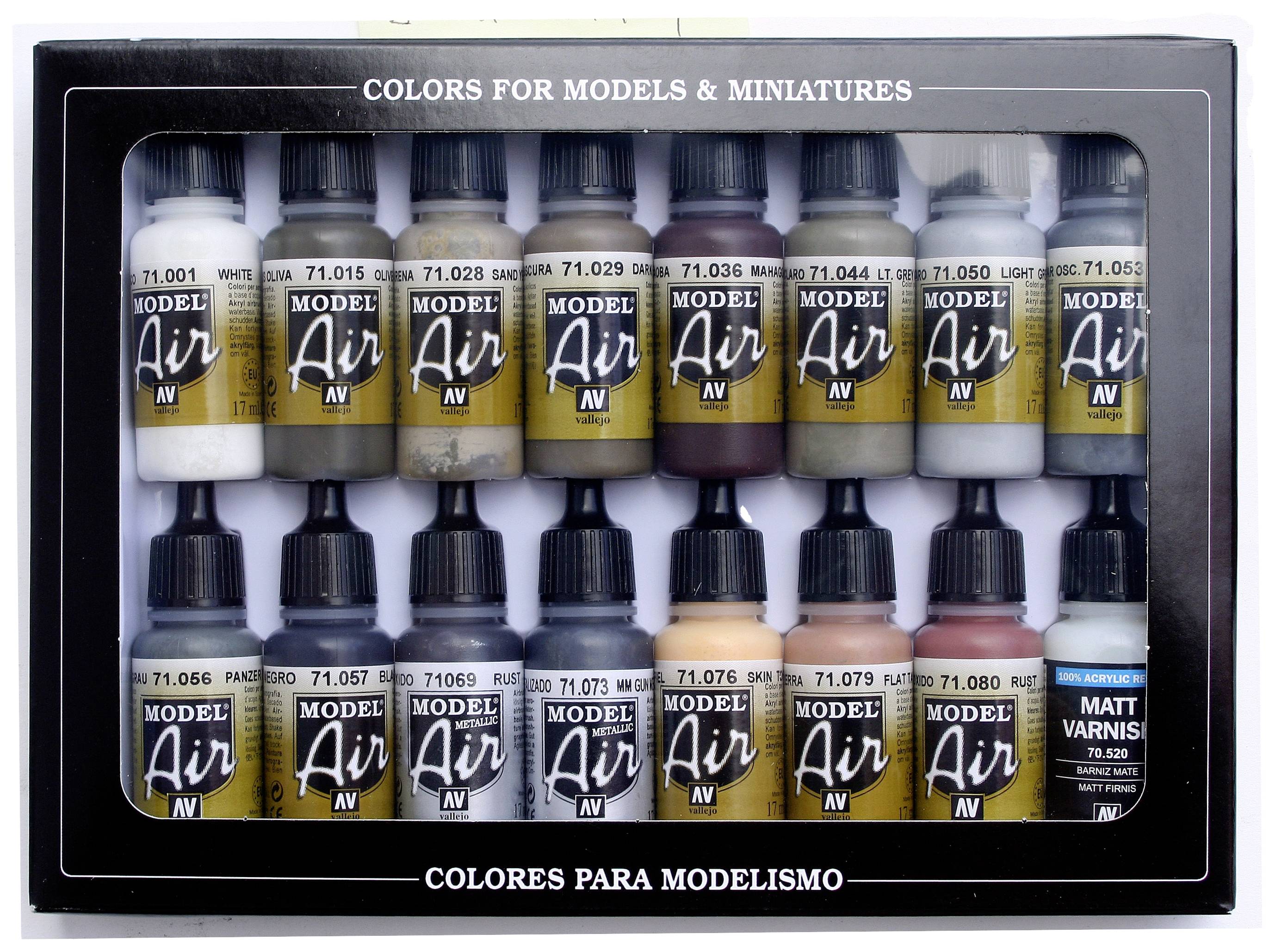 Farben-Set mit 16 Flaschen für Modellbau und Miniaturen, verschiedene Töne. Verpackung mit transparentem Deckel zeigt die Inhalte.