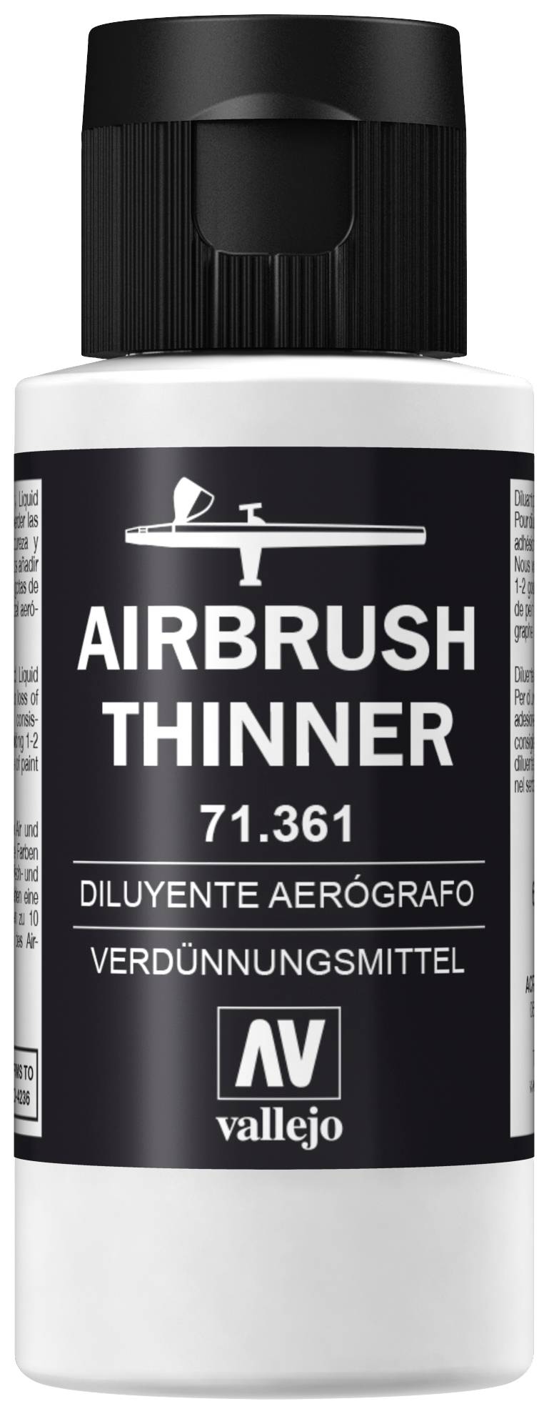 'Airbrush Thinner 71.361' Flasche, Markenname Vallejo. Verdünnungsmittel für Airbrush-Farben. Schwarzes Etikett mit weißer Schrift.