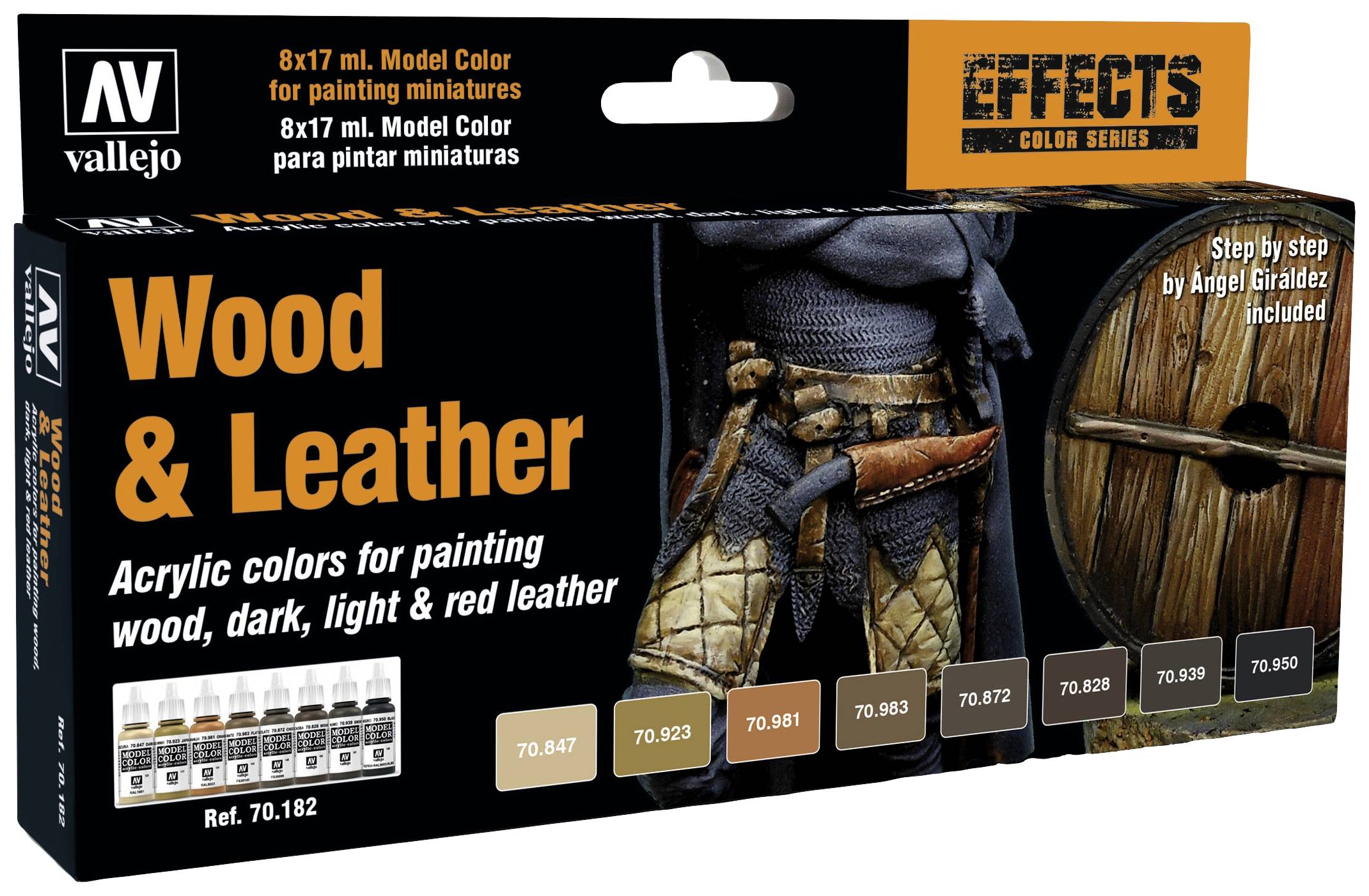 'Vallejo Effects Wood & Leather': Acrylfarben-Set für Holz- und Lederbemalung, umfasst 8 Farben für diverse Oberflächen und Effekte.