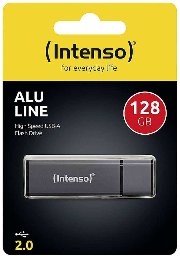 USB-Stick-Verpackung 'Intenso ALU LINE' mit 128 GB, USB 2.0. Schwarzer USB-Stick hervorgehoben, gelber Hintergrund mit Logo.