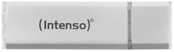 Silberner USB-Stick von Intenso, geschlossen und horizontal liegend.