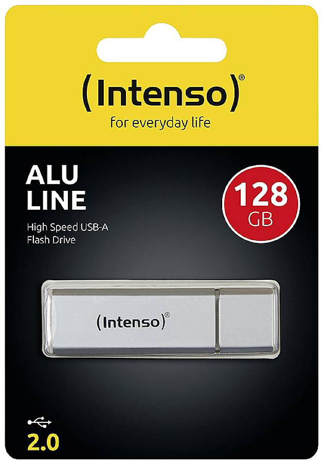 USB-Stick-Verpackung der Marke Intenso, Modell 'ALU LINE', mit 128 GB Kapazität und USB-A Anschluss, vor gelbem Hintergrund.