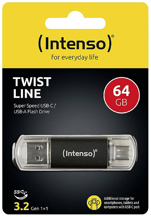 'Intenso Twist Line' USB-Stick, 64 GB, mit USB-C und USB-A Anschlüssen, verpackt in Blisterverpackung. Ideal für Handys und Tablets.