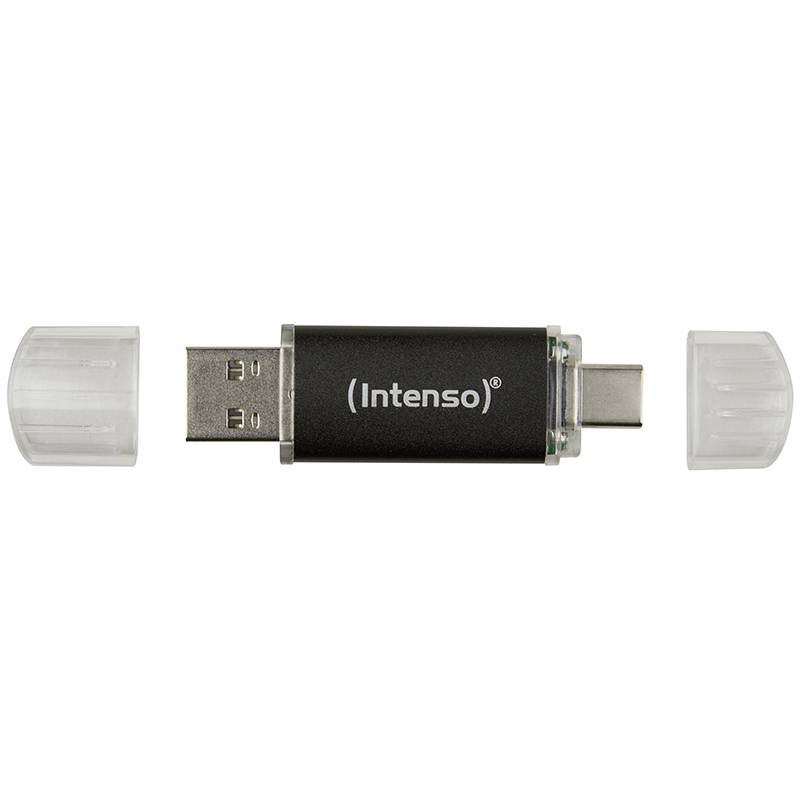 USB-Stick mit zwei Anschlüssen: links USB-A, rechts USB-C. Hersteller 'Intenso'. Beide Enden sind mit abnehmbaren Kappen geschützt.