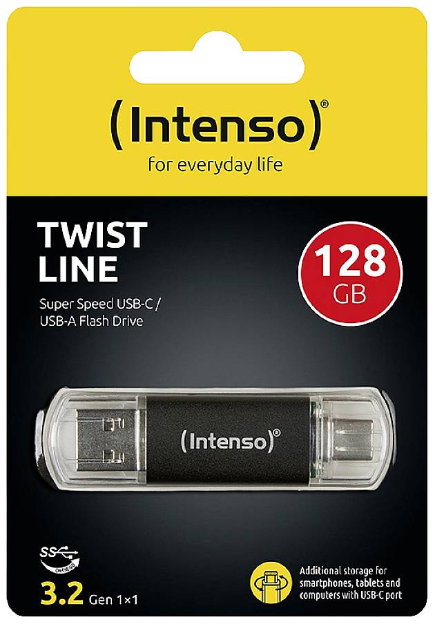 'Intenso' USB-Stick 'Twist Line' mit 128 GB, kompatibel mit USB-C und USB-A, 'Super Speed'. Verpackung gelb und schwarz.