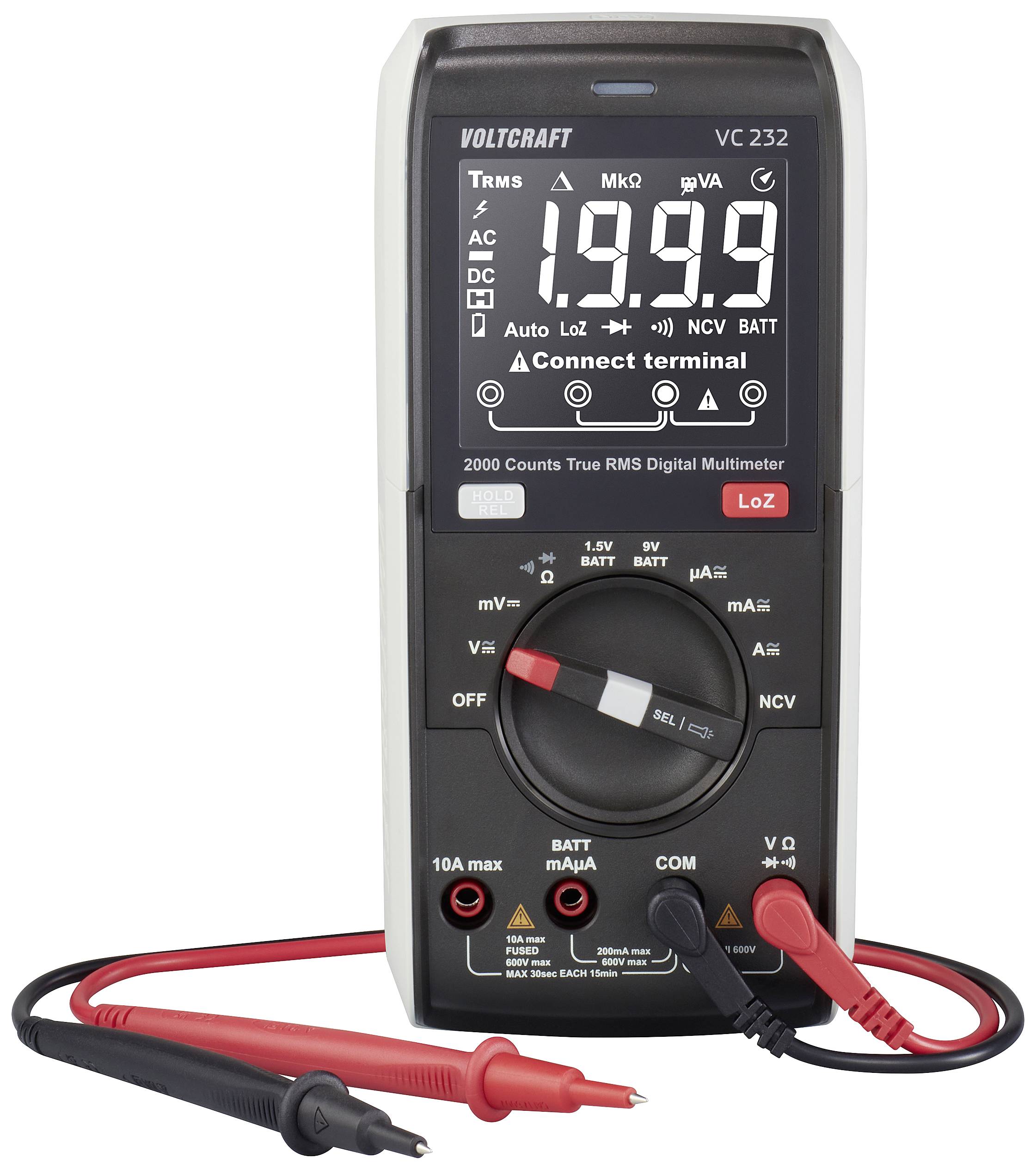 Multimeter zeigt '19.99' auf digitalem Display, Knopf in Mittelposition, rote und schwarze Messkabel unten, Marke 'Voltcraft'.