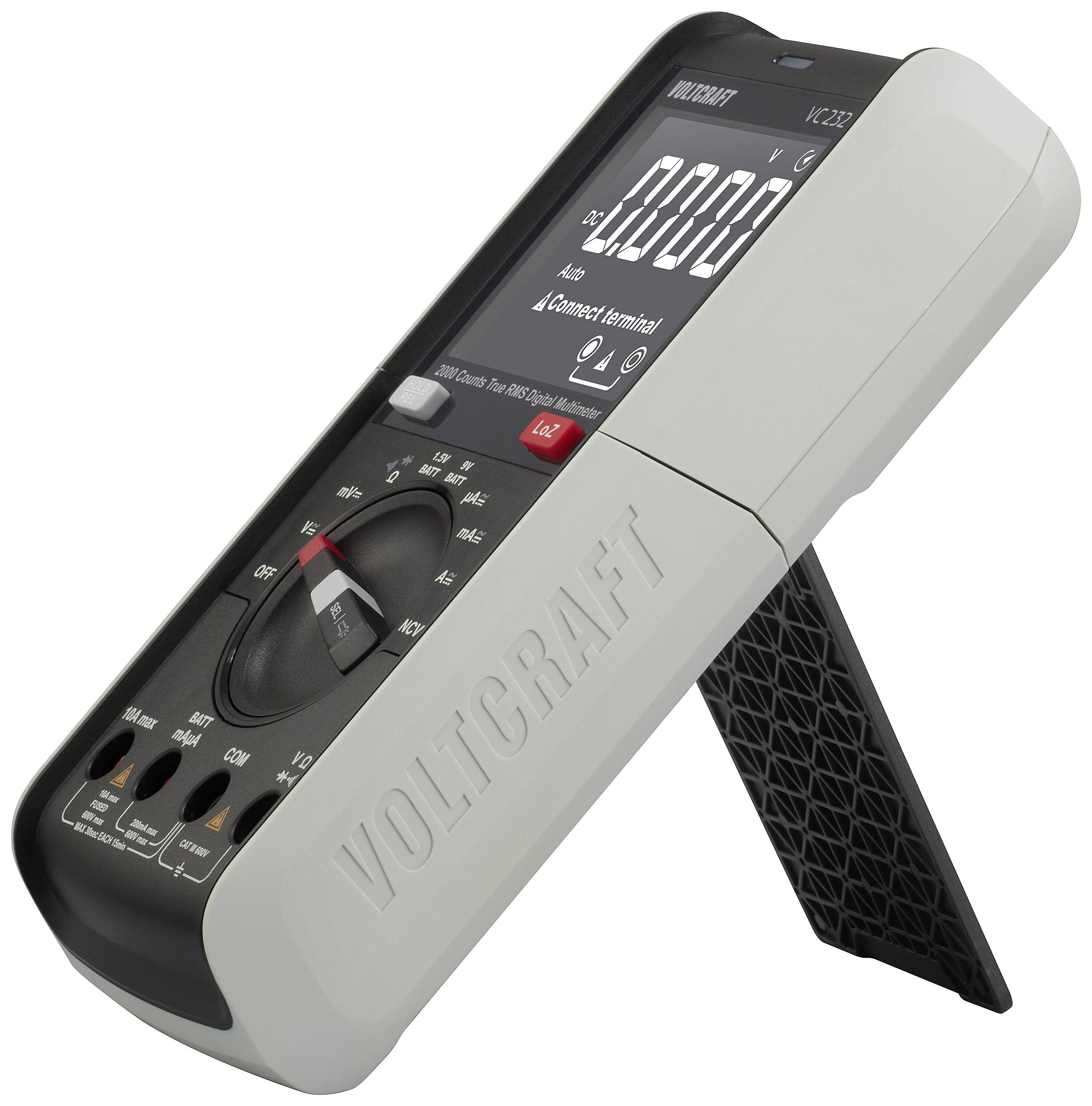 Digitalmultimeter mit Gehäuseaufschrift 'Voltcraft', eingebautem Ständer, großem Display, Drehschalter für Modusauswahl, Messanschlüssen unten.