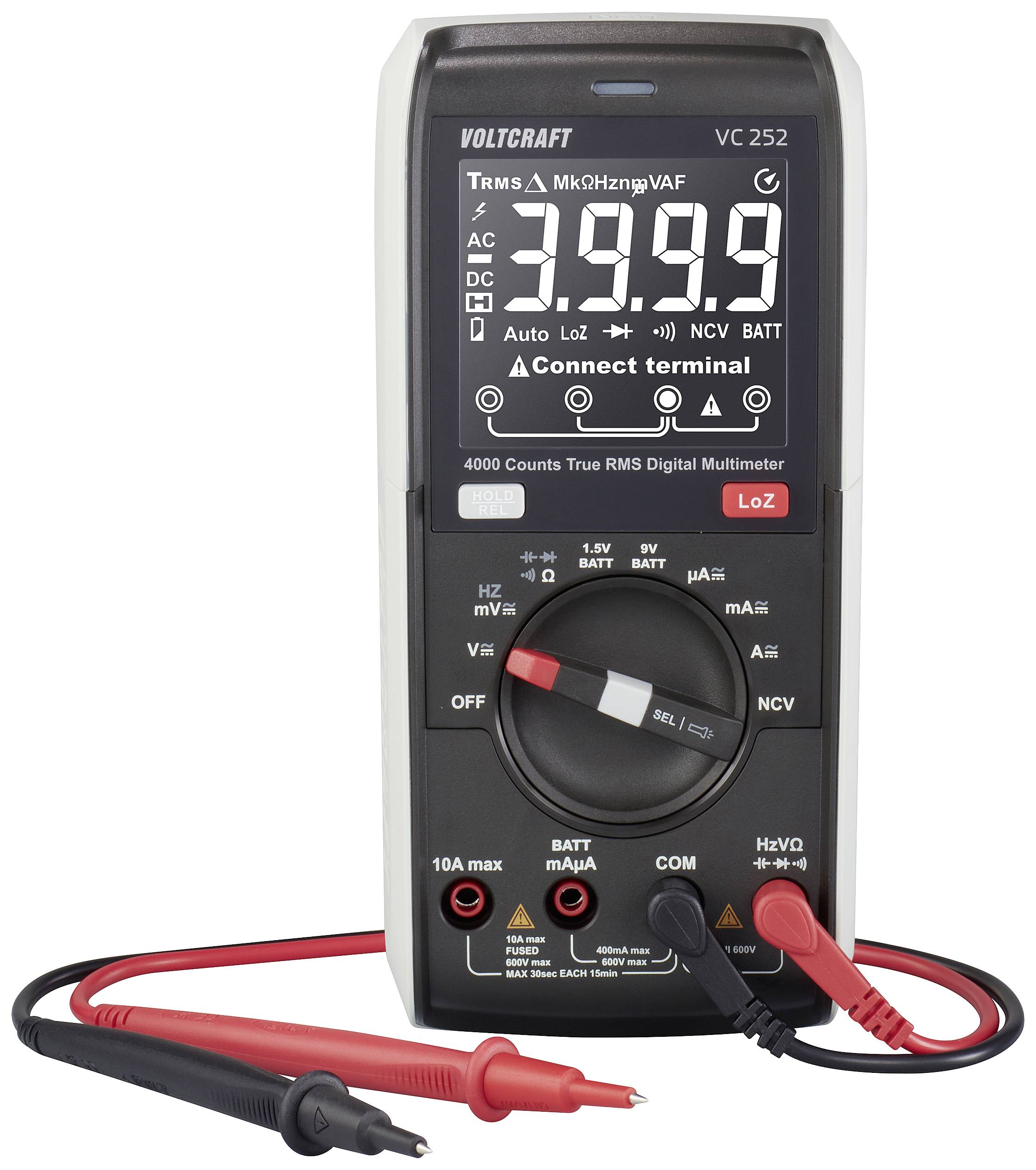 Digitalmultimeter zeigt Messwert von 3.999, mit roten und schwarzen Messkabeln. Verschiedene Messmodi und Einstellungen sind sichtbar.