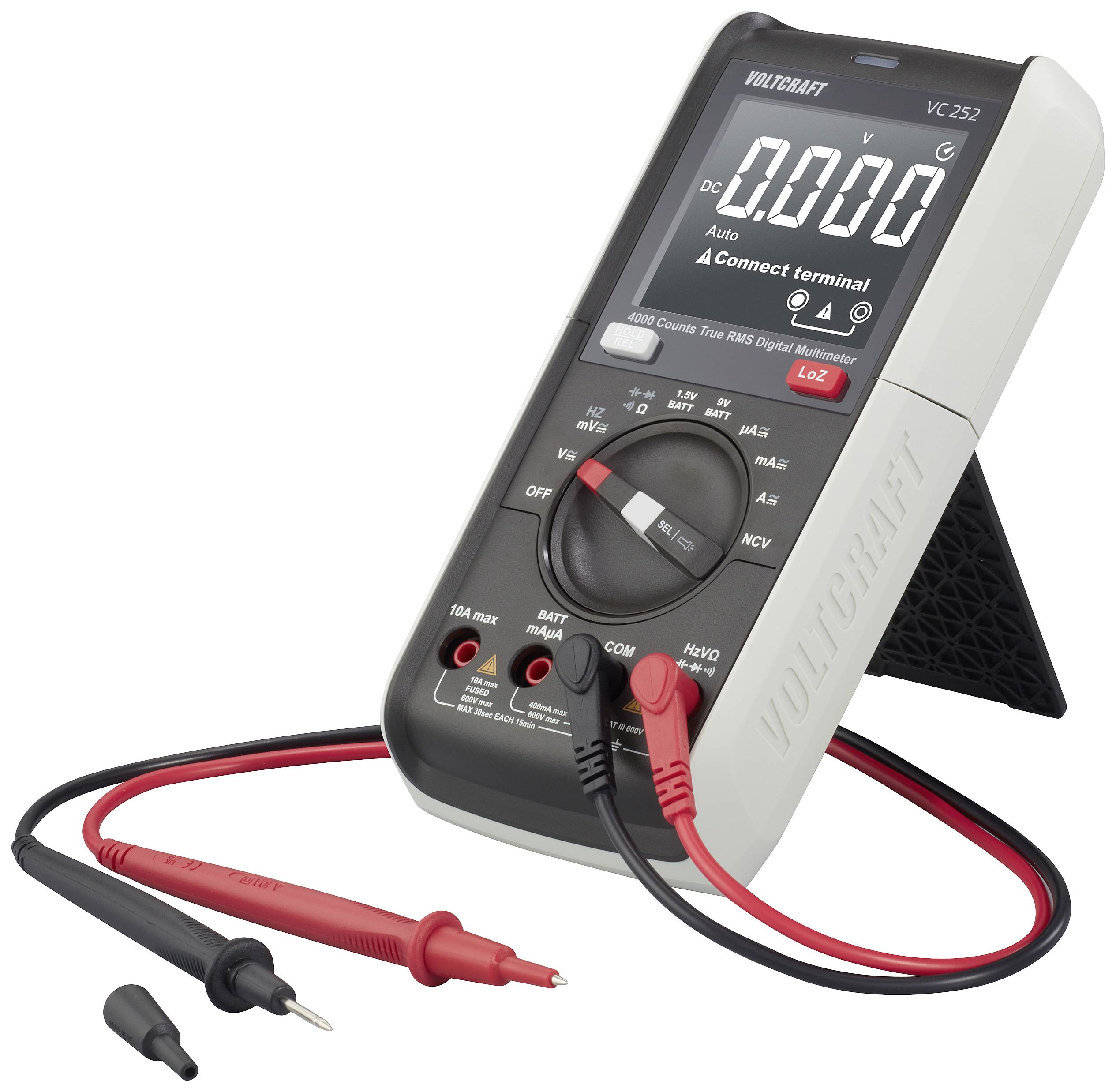 Digitalmultimeter mit weißem Gehäuse und schwarzer Front, zeigt '000.0V'. Zwei Messleitungen in Rot und Schwarz angeschlossen.