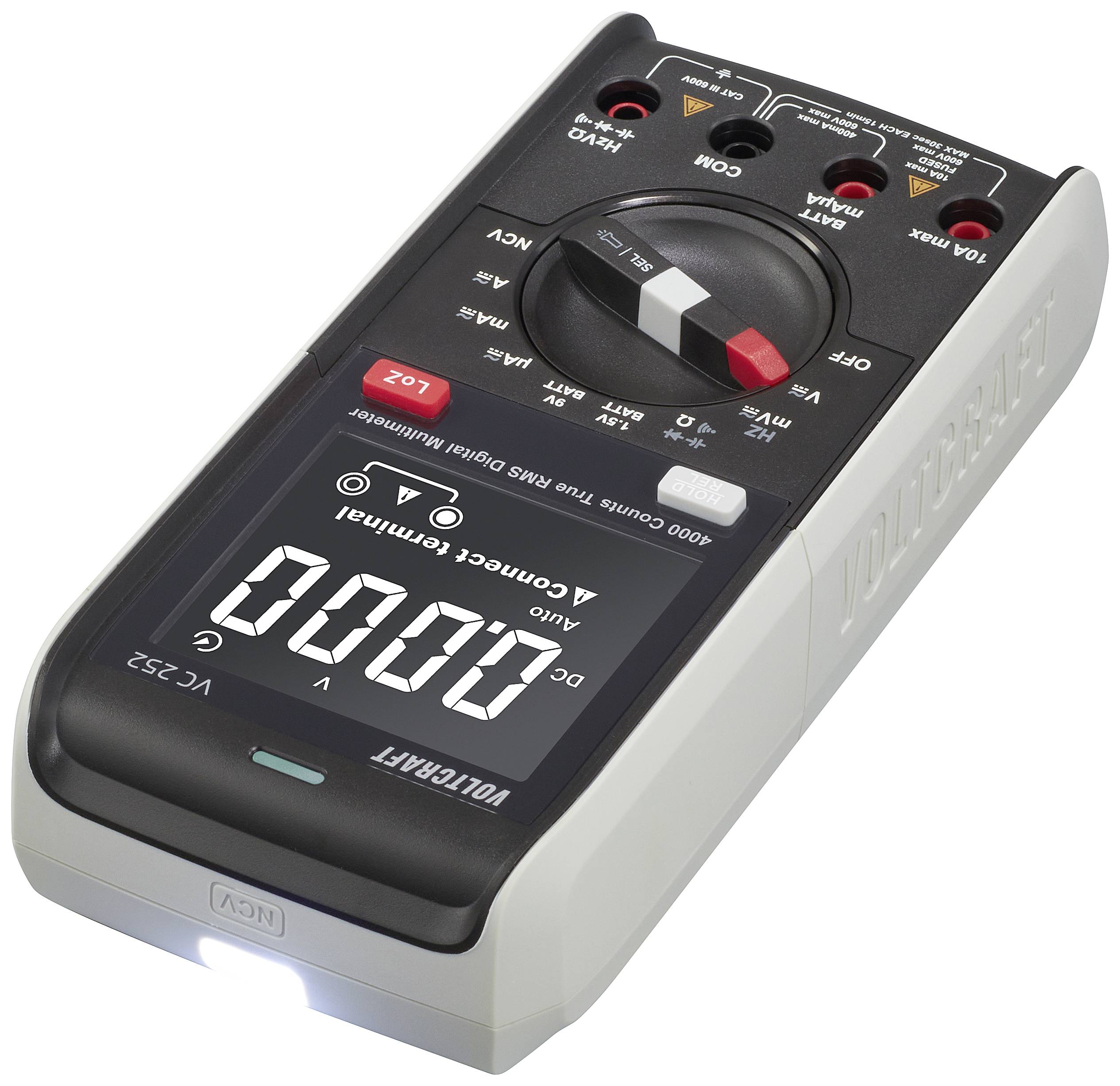 Ein digitales Multimeter zeigt '0000' auf dem Display. Es hat einen großen Drehschalter zur Auswahl von Messfunktionen.