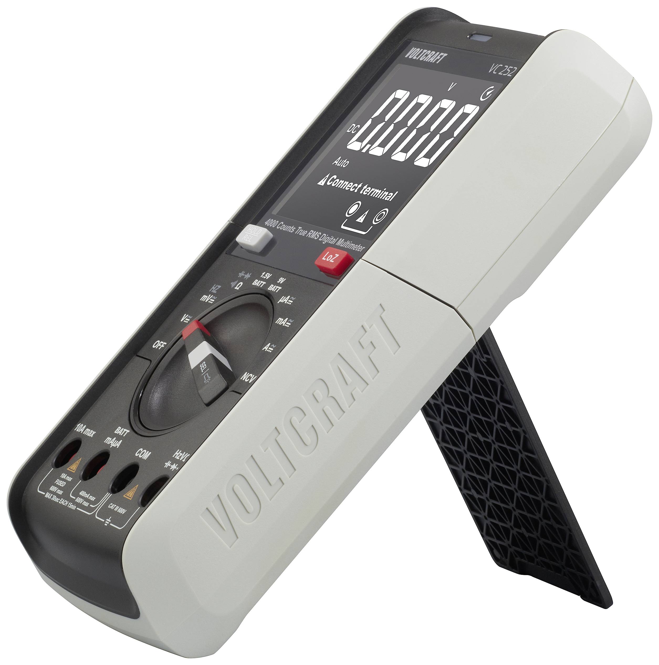 Ein graues Digital-Multimeter mit schwarzem Display, zeigt Werte an. Markenname 'Voltcraft' rechts eingeprägt.