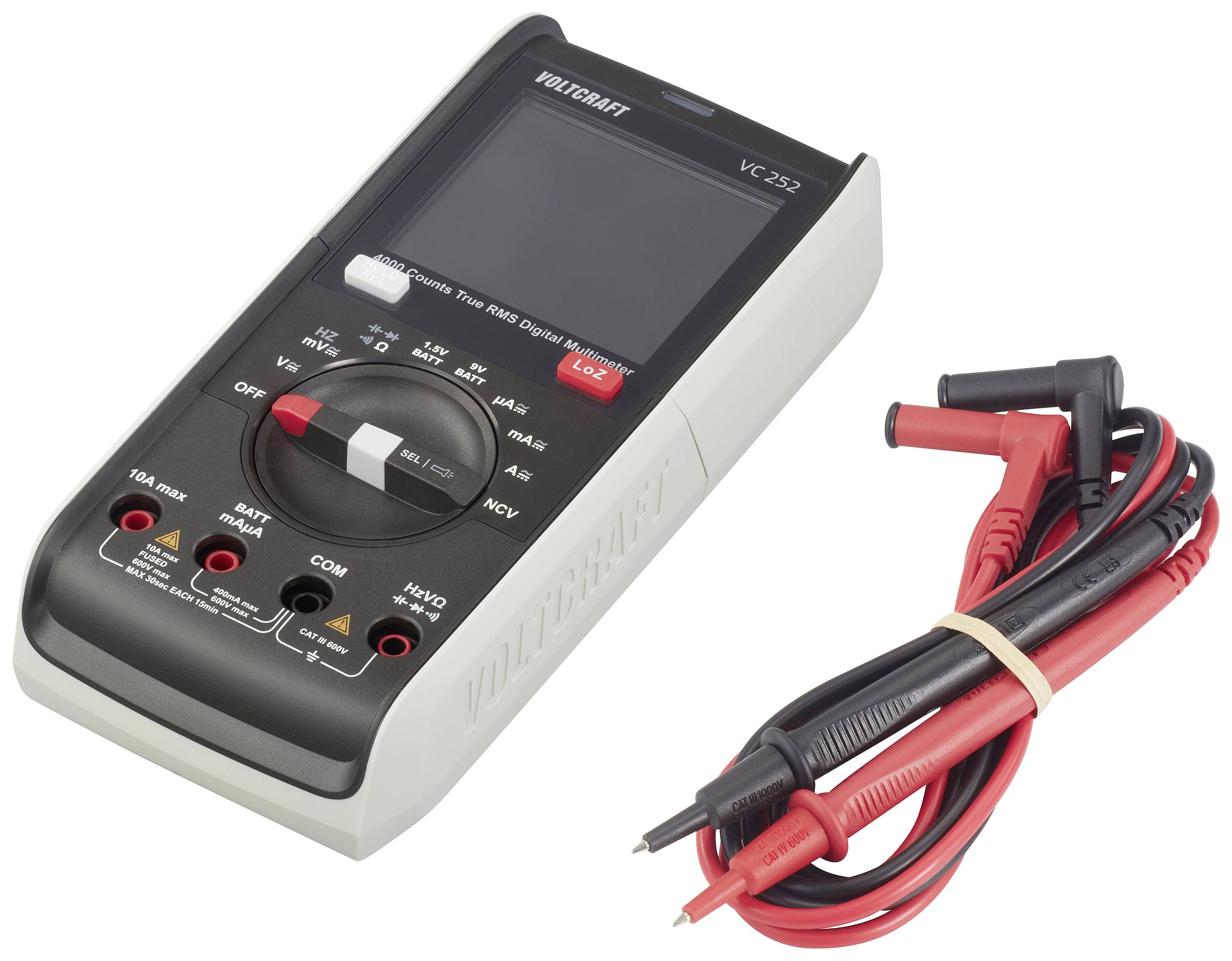 Digitales Multimeter mit großem Display und roten Messleitungen, Marke Voltcraft, Modell VC-252, zum Messen elektrischer Parameter.