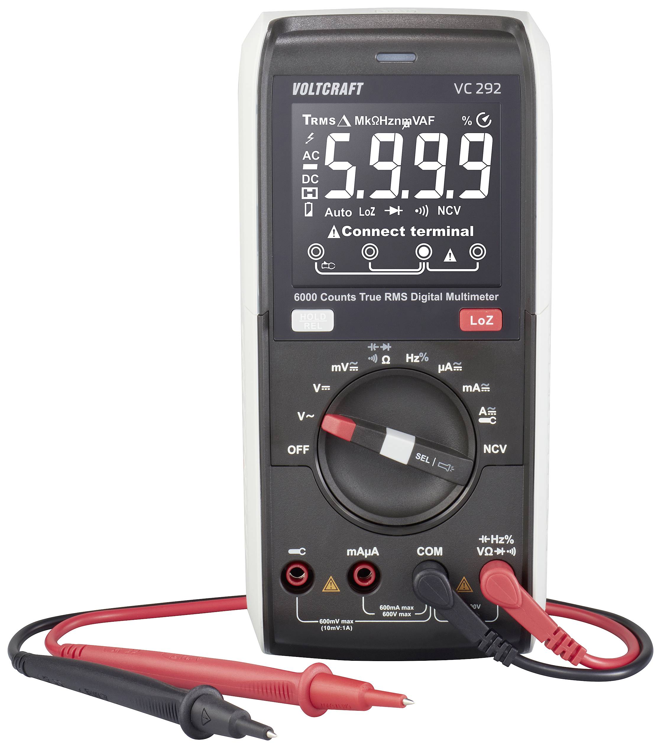 Digitalmultimeter 'Voltcraft VC 292' mit Anzeige von 53,99. Messleitungen angeschlossen, zeigt Spannung oder Strommessung.
